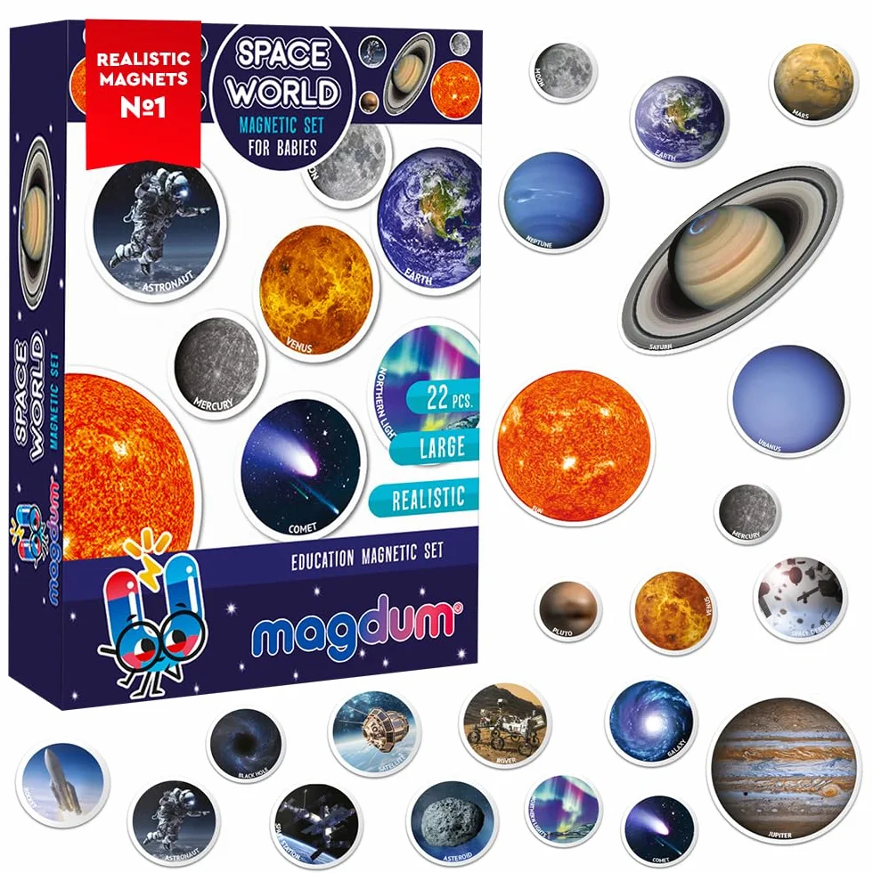 Magnesy na lodówkę dla dziecko z motywem kosmosu – 22 duże magnesy kosmiczne dla małych
