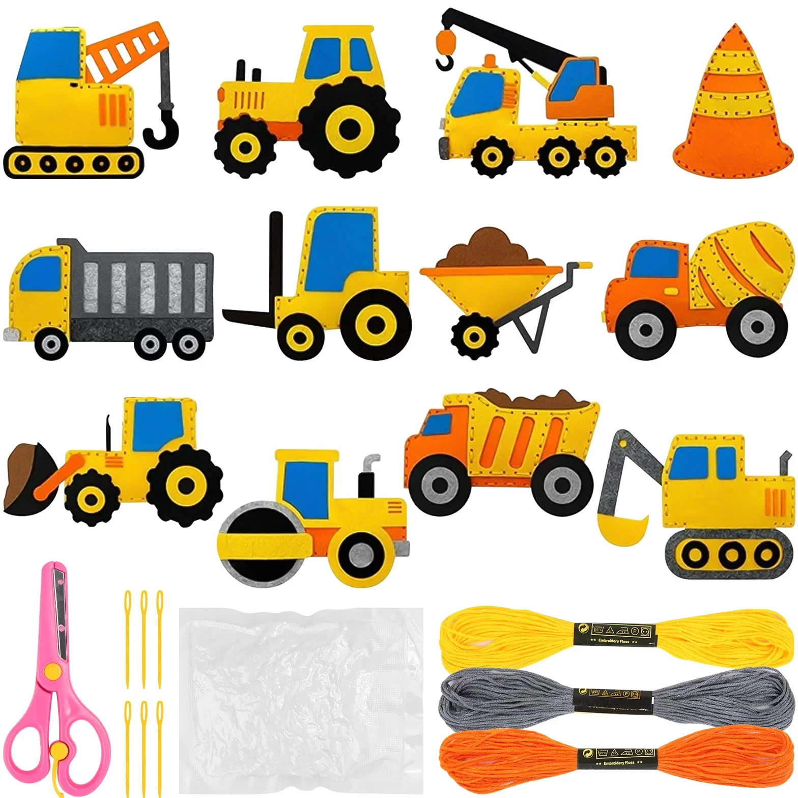 Fonyet Zestaw do szycia DIY dla dzieci od 6 lat, pojazd budowlany, kreatywny zestaw do szycia, pojazdy budowlane, filcowy, zestaw do majsterkowania dla dzieci i początkujących (pojazd)