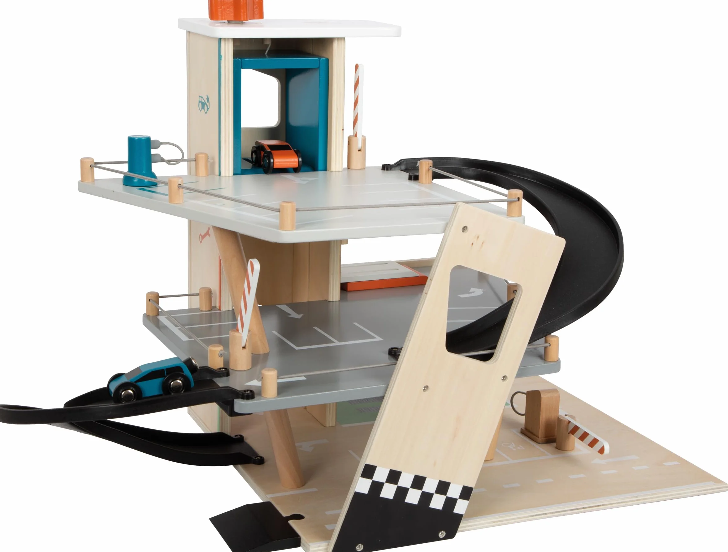 Small Foot Parking Rallye, z 3 poziomami, 2 rampami i 2 drewnianymi samochodami, garaż parkingowy z drewna, dla dzieci od 3 lat, 12357 zabawek, wielokolorowy