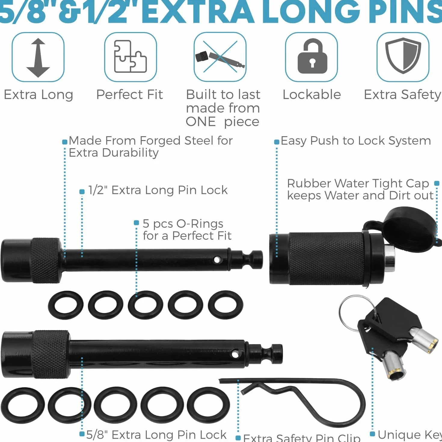 Namvo Trailer Hitch Lock Pin zestaw 1/2" i 5/8" z klipsem zabezpieczaj?cym, dziesi?? pier?cieni uszczelniaj?cych i dwoma kluczami