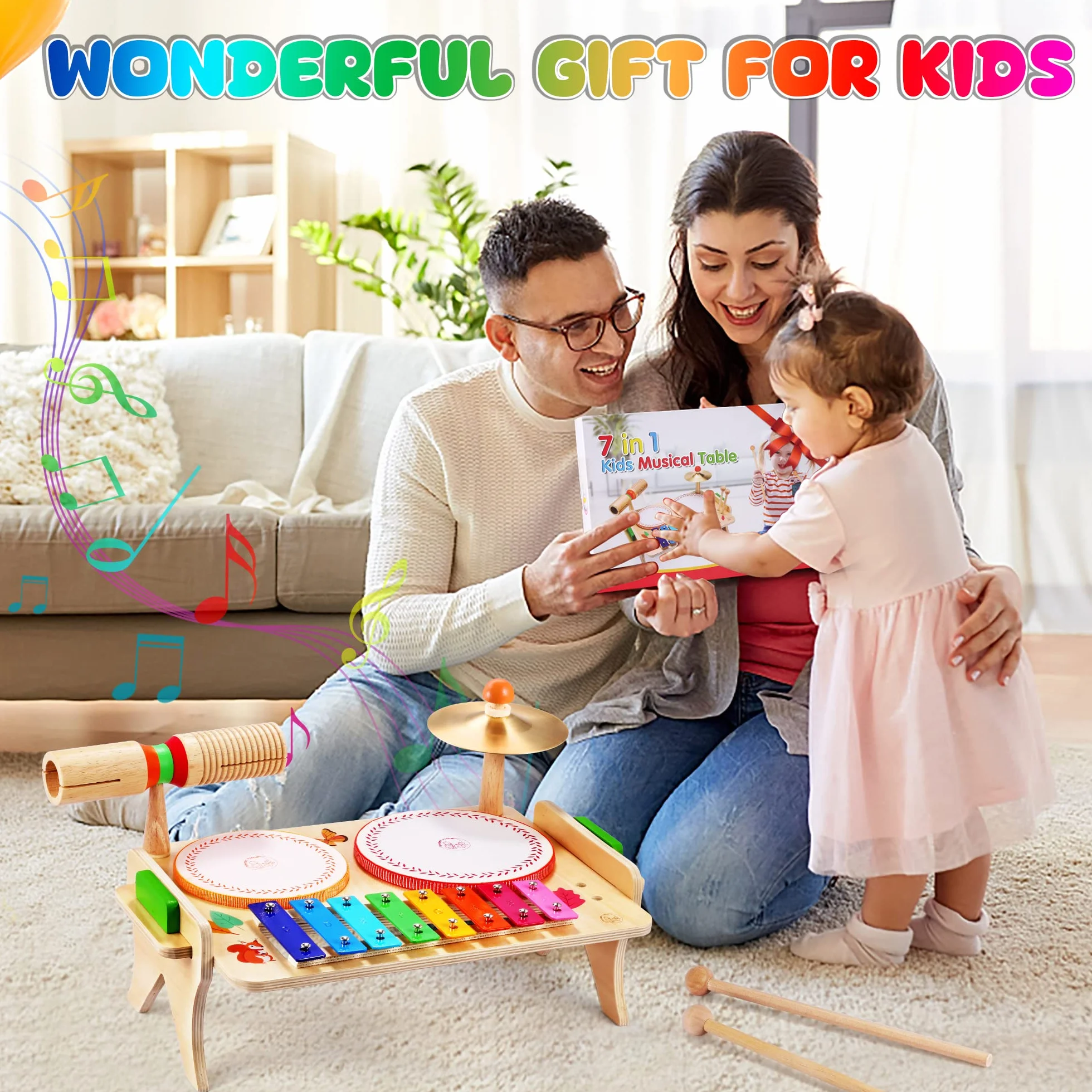 Sweet Time Bęben dla Niemowląt - Instrument Muzyczny, Zestaw Perkusyjny dla Dzieci, Drewniany Stół Muzyczny, Zabawki Montessori dla Chłopców i Dziewcząt