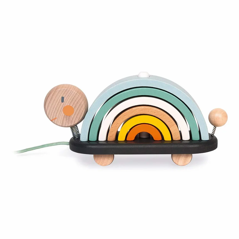 Janod - Wooden Sweet Cocoon Rainbow Turtle - Original Early Learning Game, 6 Stackable Arcs Of Circles - 1st Learnings - Turtle to Pull - Wooden Toy, Water Based Paint - from 18 Months Old, J04405