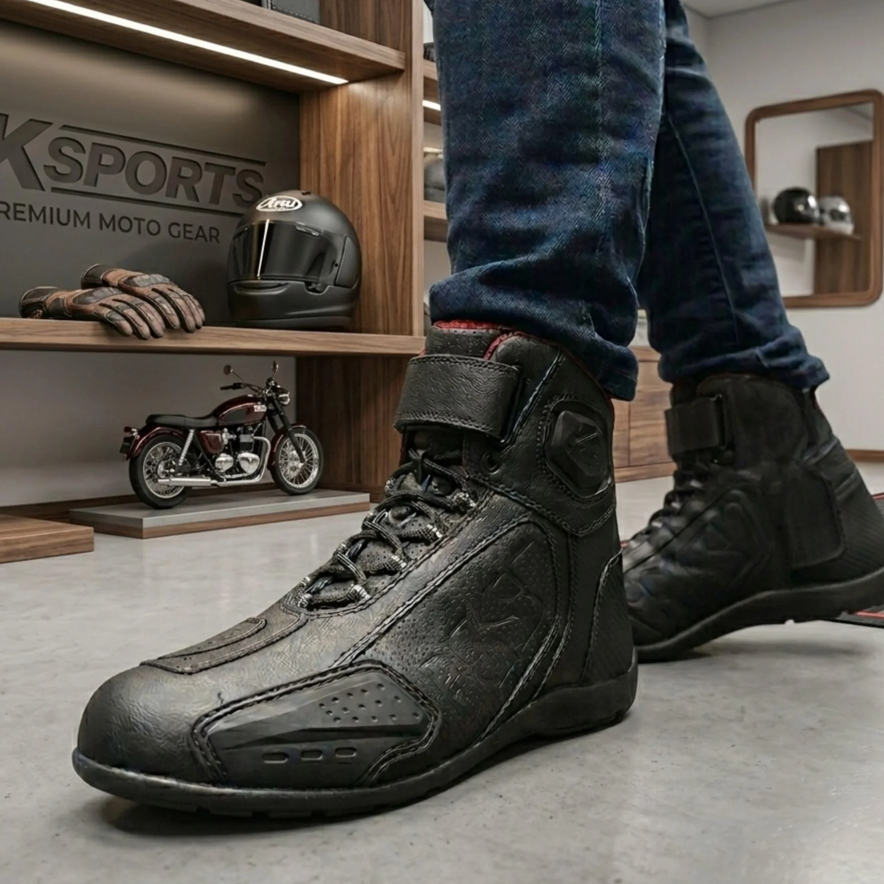 IsX Buty motocyklowe z systemem sznurowania, formowane suwaki na palce, boczny zamek błyskawiczny, antypoślizgowa podeszwa, czarne