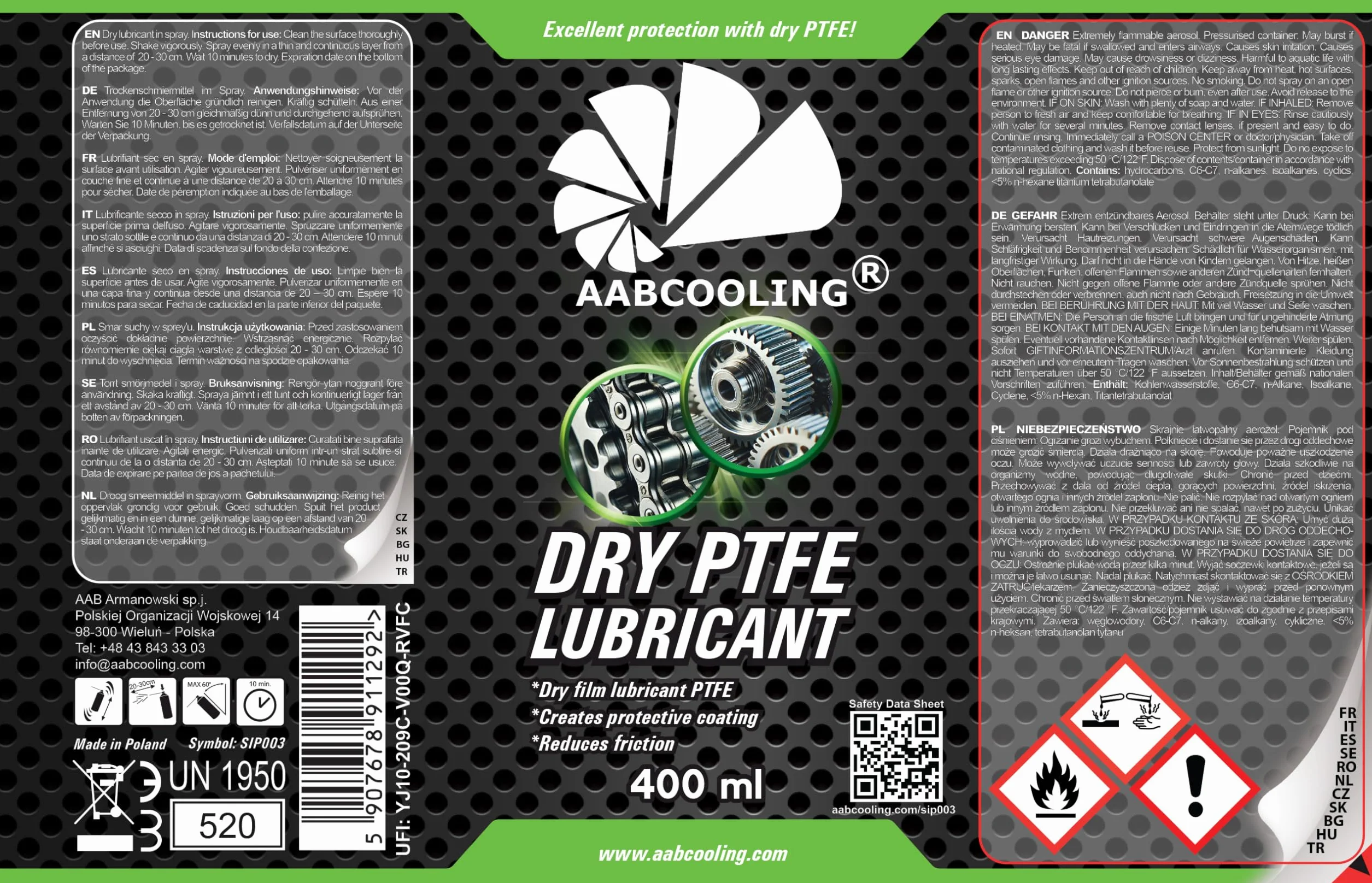 AABCOOLING Dry PTFE Lubricant 400 ml – suchy smar teflonowy w spreju, odporny na wodę i kurz