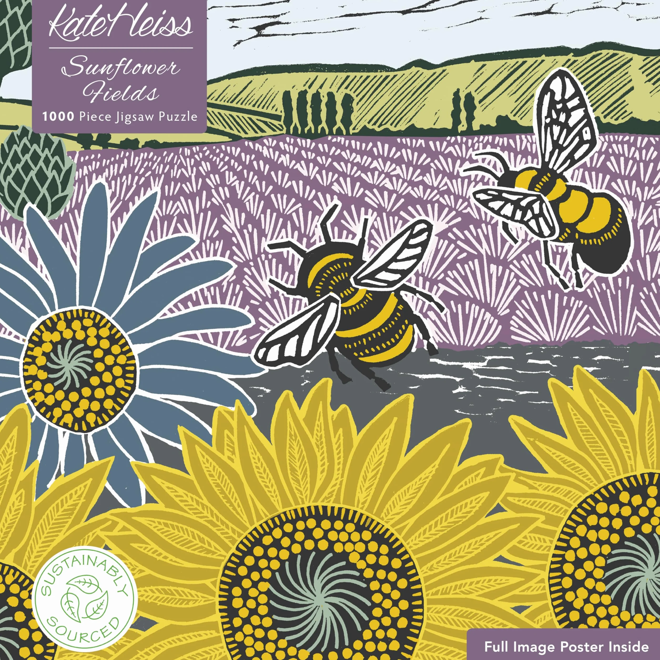 Puzzle – Kate Heiss, Sonnenblumenfeld: Unser faszinierendes, hochwertiges 1.000-teiliges Puzzle (73,5 x 51 cm) in stabiler Kartonverpackung