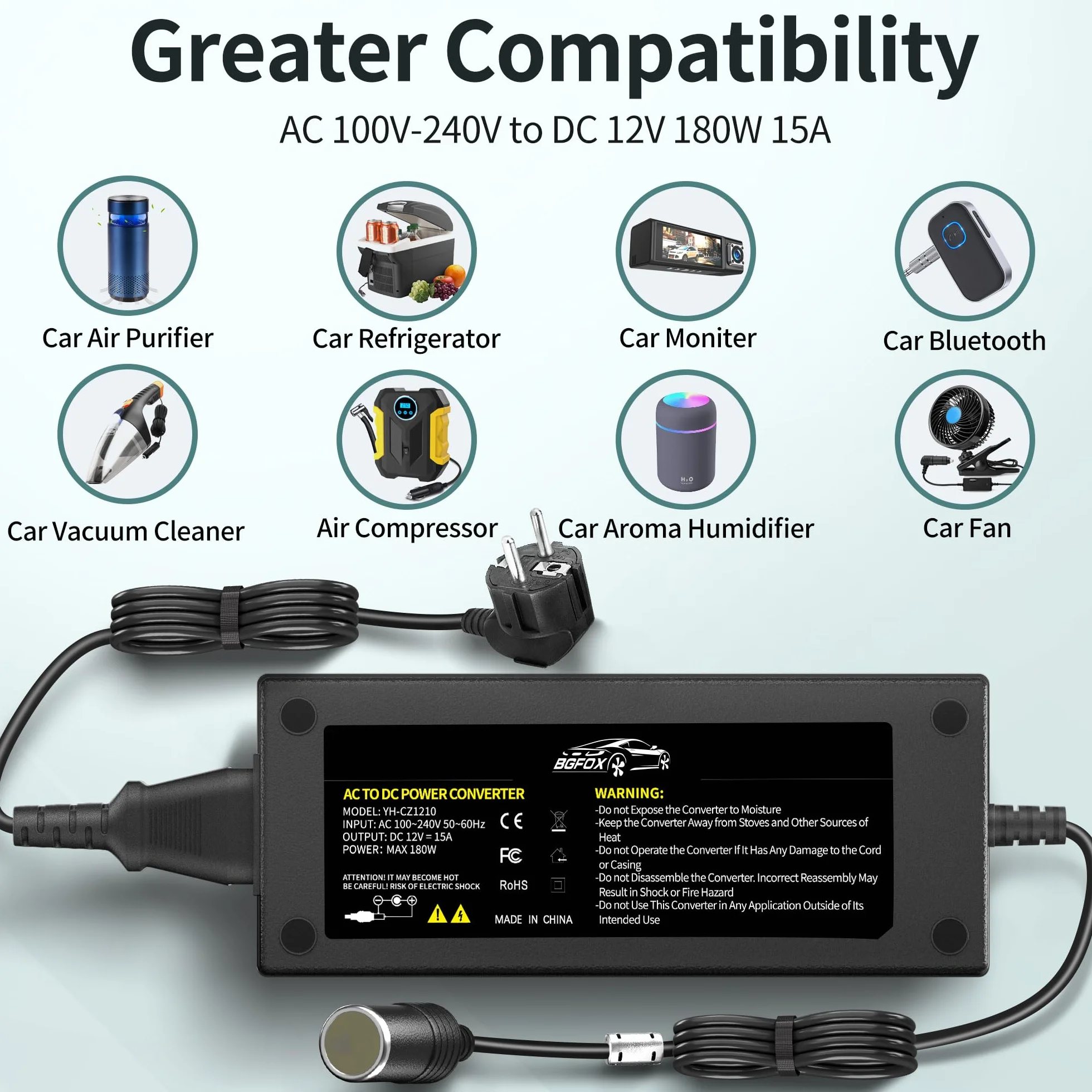 Adapter sieciowy do samochodu 180 W/15 A, przetwornica napięcia 2,65 m, 230 V na 12 V, 220 V, adapter z gniazdem zapalniczki do lodówki, odkurzacza samochodowego, lodówki samochodowej,