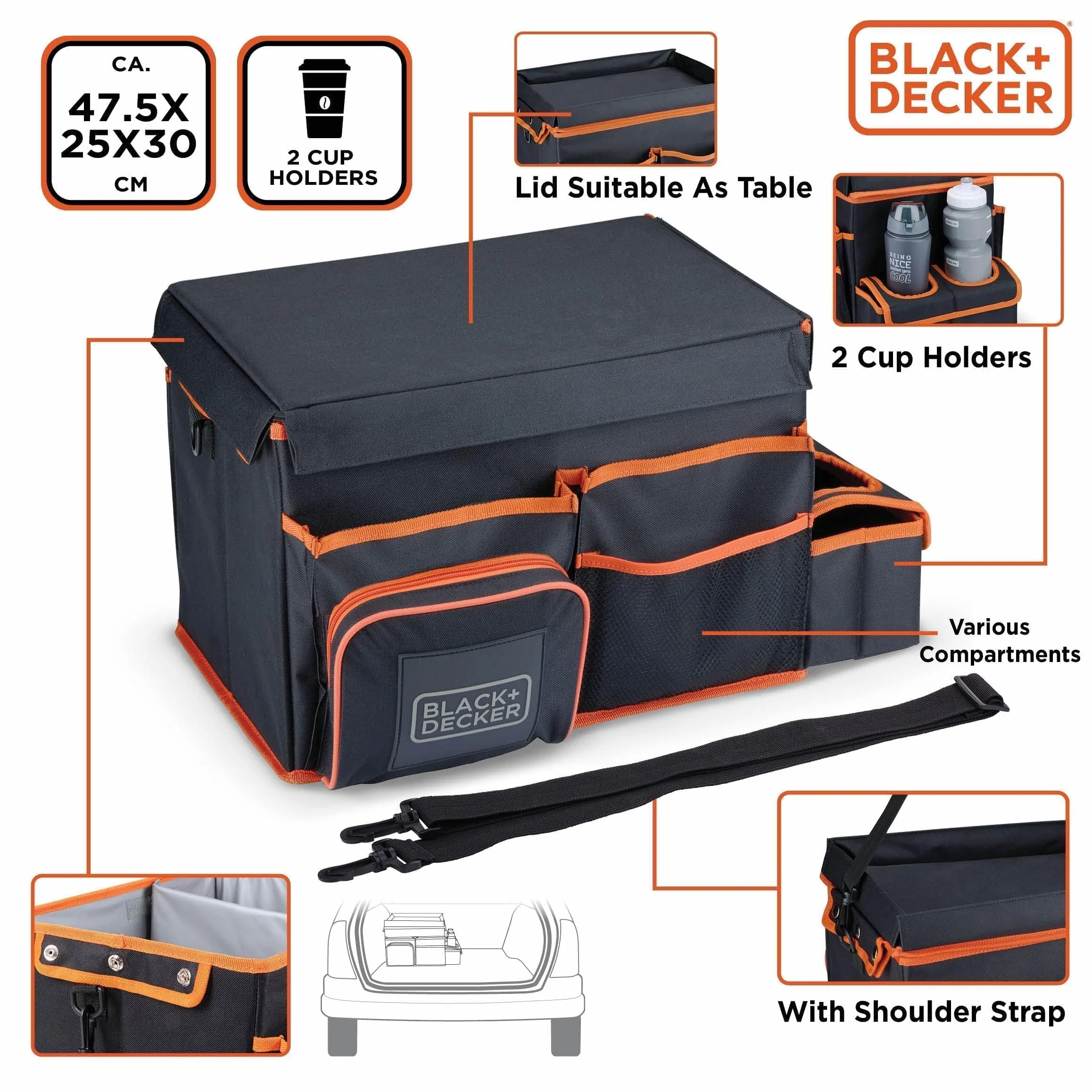 BLACK+DECKER Organizer do bagażnika 47,5x25x30 cm z paskiem do noszenia uchwyt na napoje szary pomarańczowy