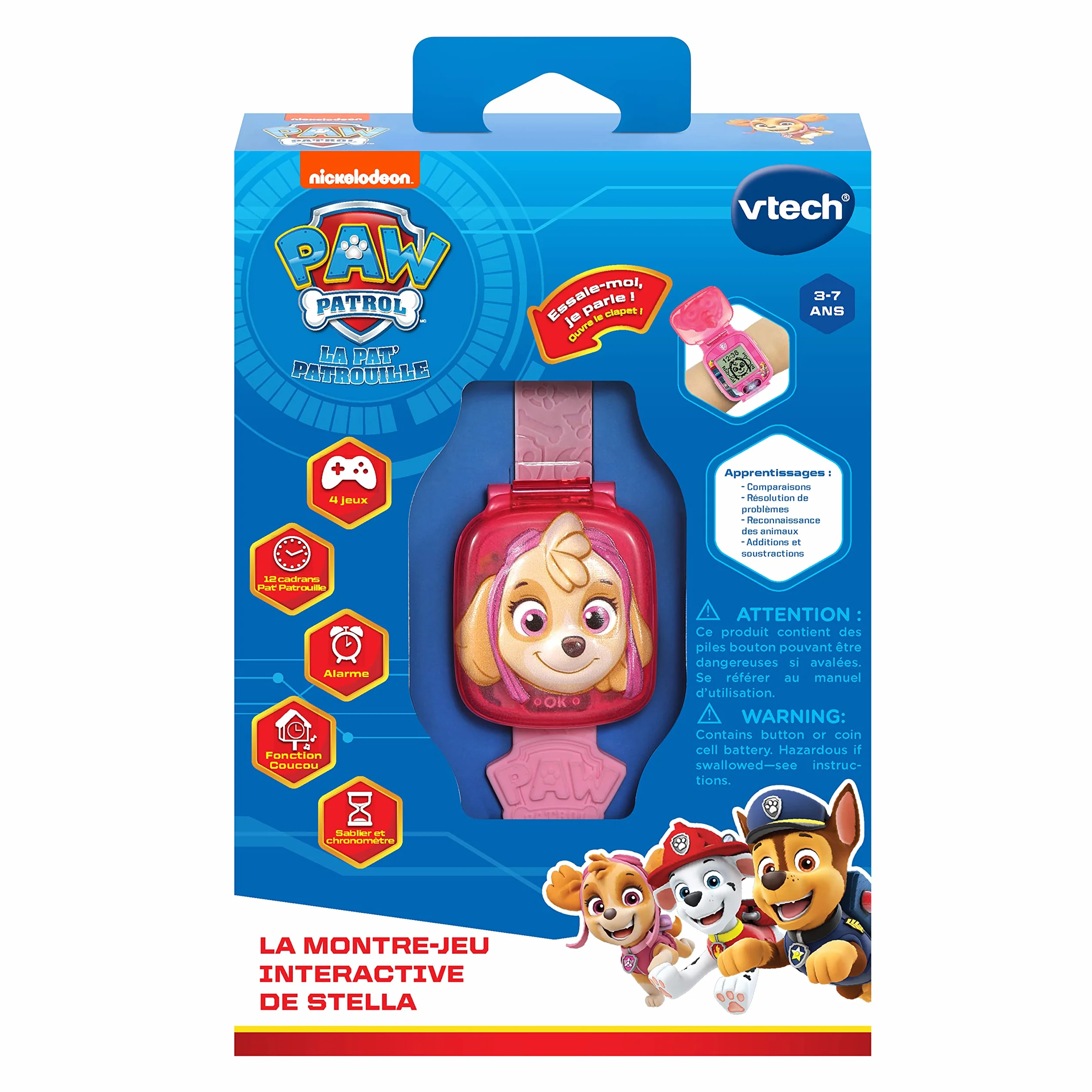 VTech - Psi Patrol, interaktywny zegarek do gier Stelli, zegarek dla dzieci z klapką z animowanym ekranem, miękki pasek, 12 tarczy, 4 gry, prezent dla dzieci w wieku od 3 lat do 7 lat - Zawartość w