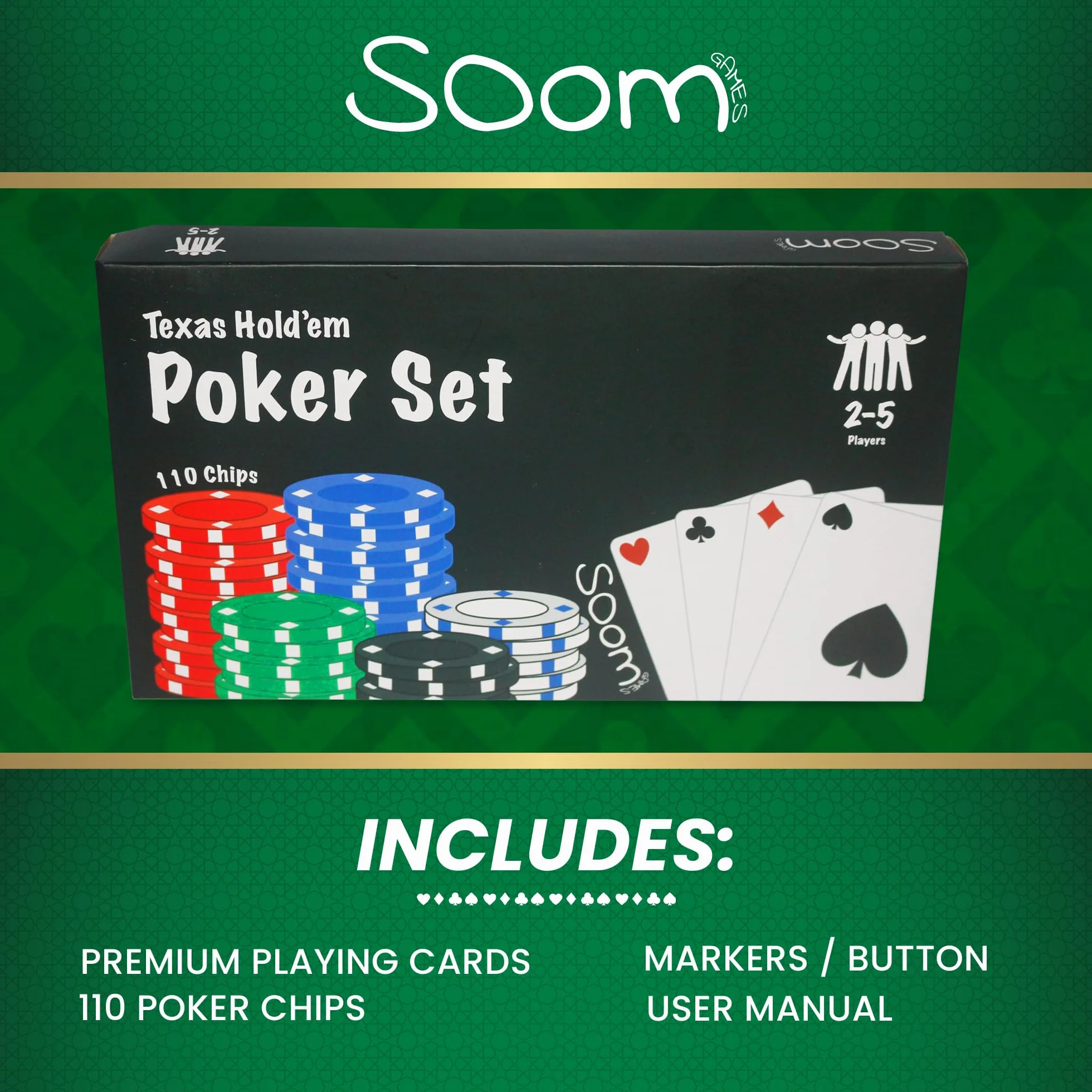 Zestaw do pokera dla 2-4 graczy, zawiera 110 żetonów, przyciski Big Blind i Small Blind, przycisk dealera, karty do gry Texas Holdem, kompletny zestaw do pokera
