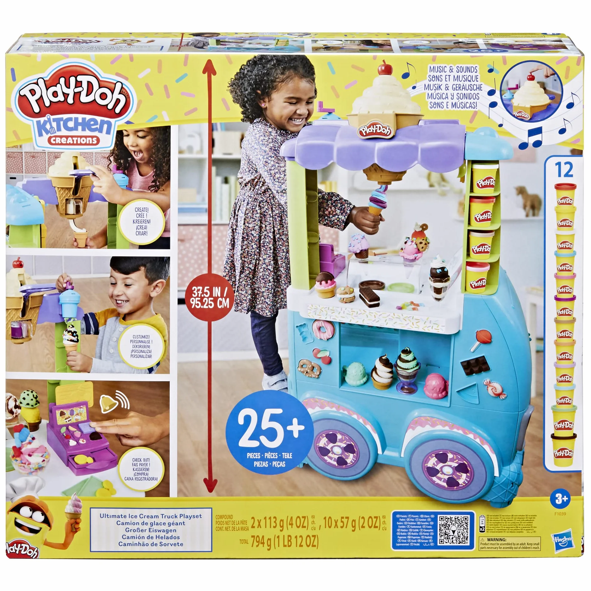 Zestaw do zabawy Play-Doh Kitchen Creations Najlepsza furgonetka z lodami z 27 akcesoriami, 12 pojemnikami z ciastoliną i realistycznymi dźwiękami