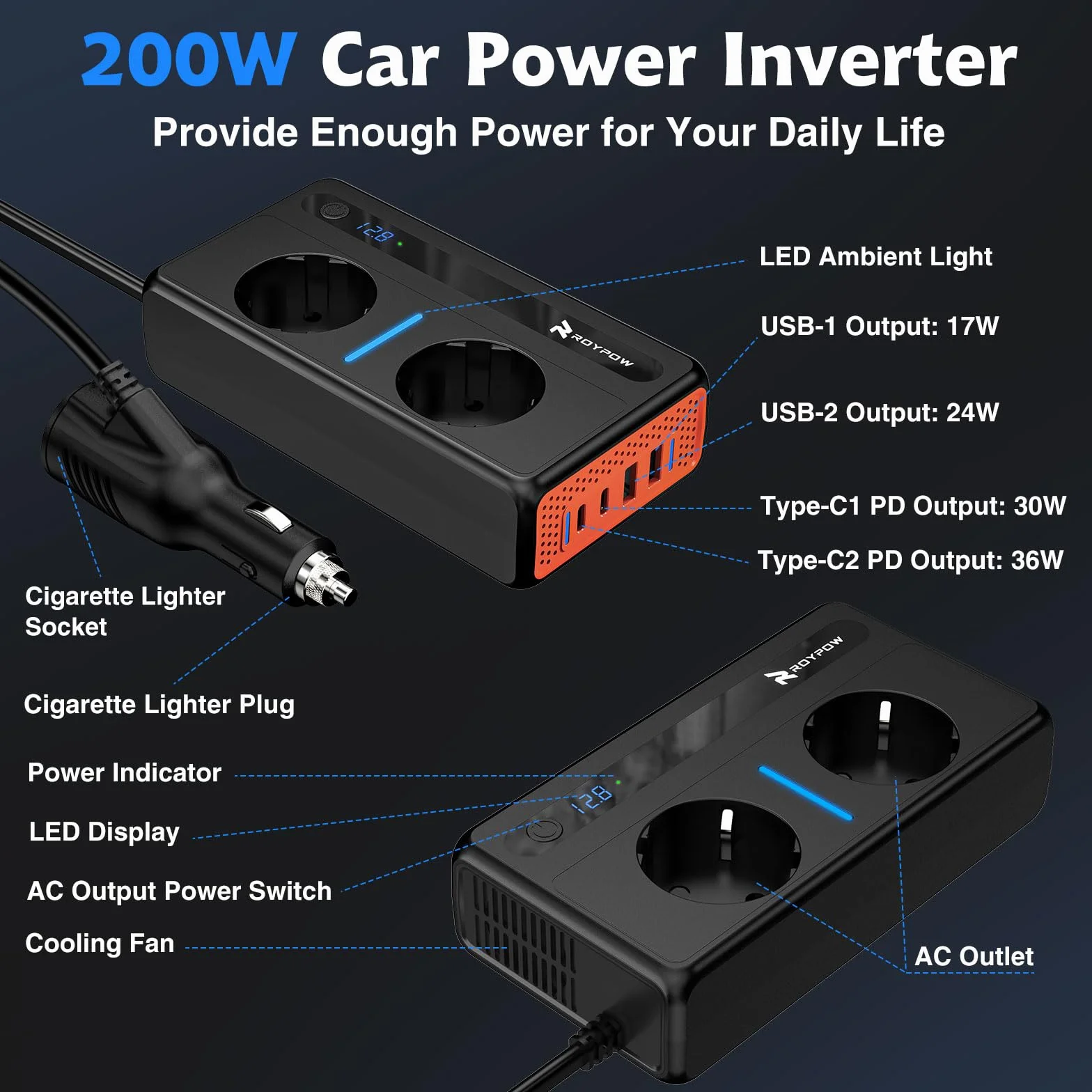 RoyPow Przetwornica napięcia DC na AC, 200 W, 12 V do 230 V, z 2 gniazdami i 4 portami USB, szybkie ładowanie, ładowarka samochodowa z wtyczką do zapalniczki samochodowej