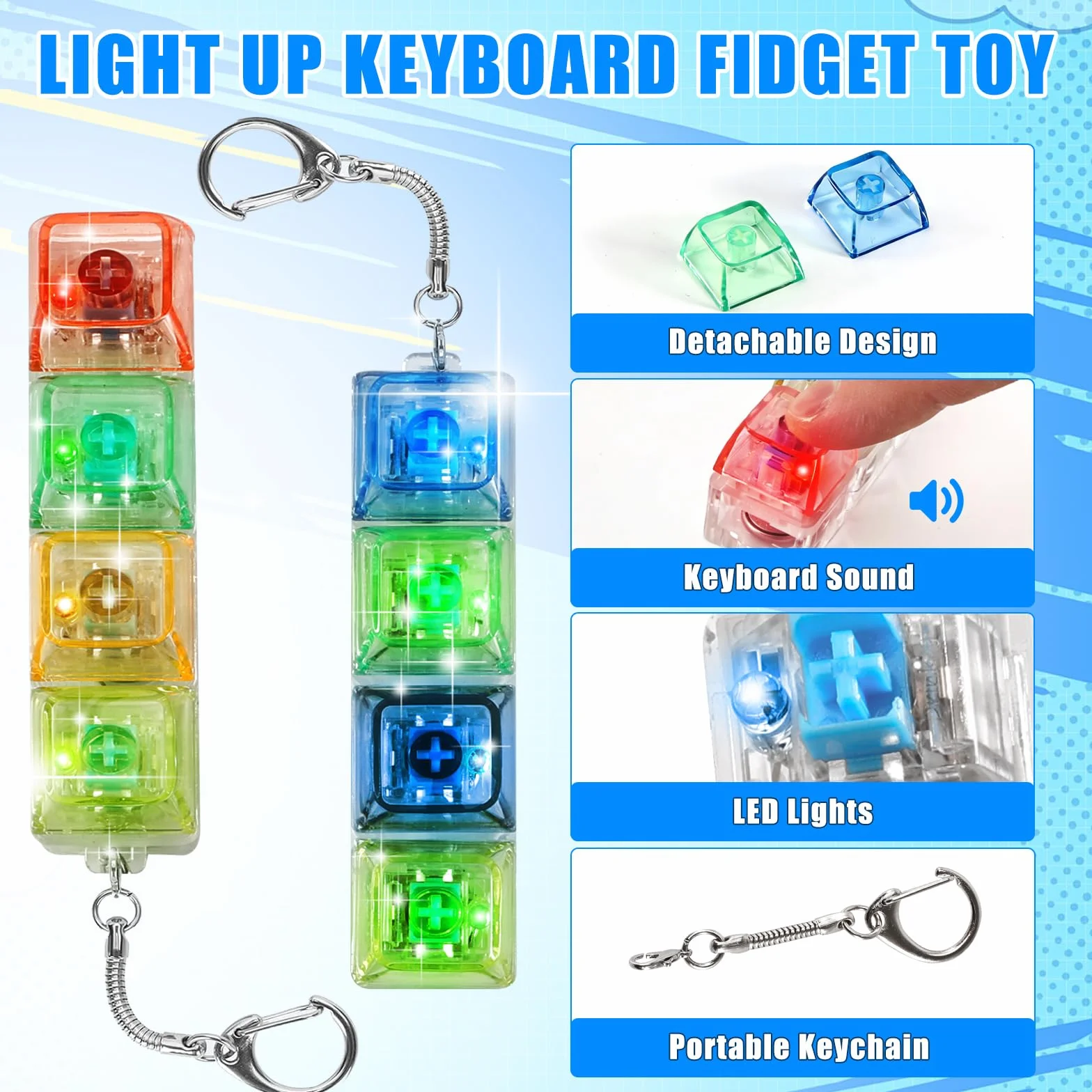 4 sztuki zabawek fidget z klawiaturą, breloczki do kluczy, z 4 przyciskami, zabawna kolorowa zabawka do strachu, biura, szkoły i podróży