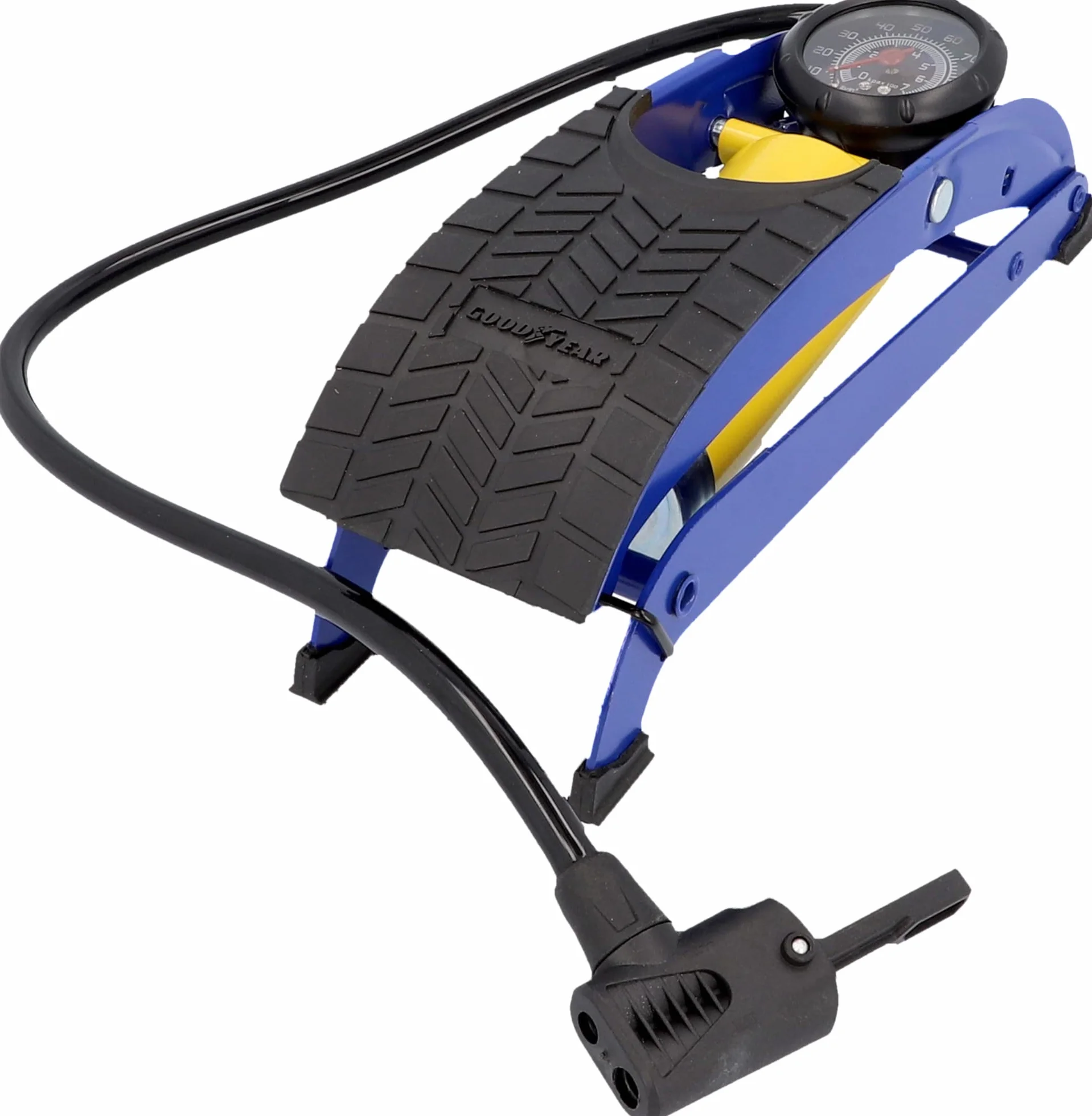 GOODYEAR 75523 Pompka nożna klasy premium, jednocylindrowy, manometr do 7 barów, antypoślizgowa blacha, adapter z podwójną głowicą, czarny, niebieski i żółty