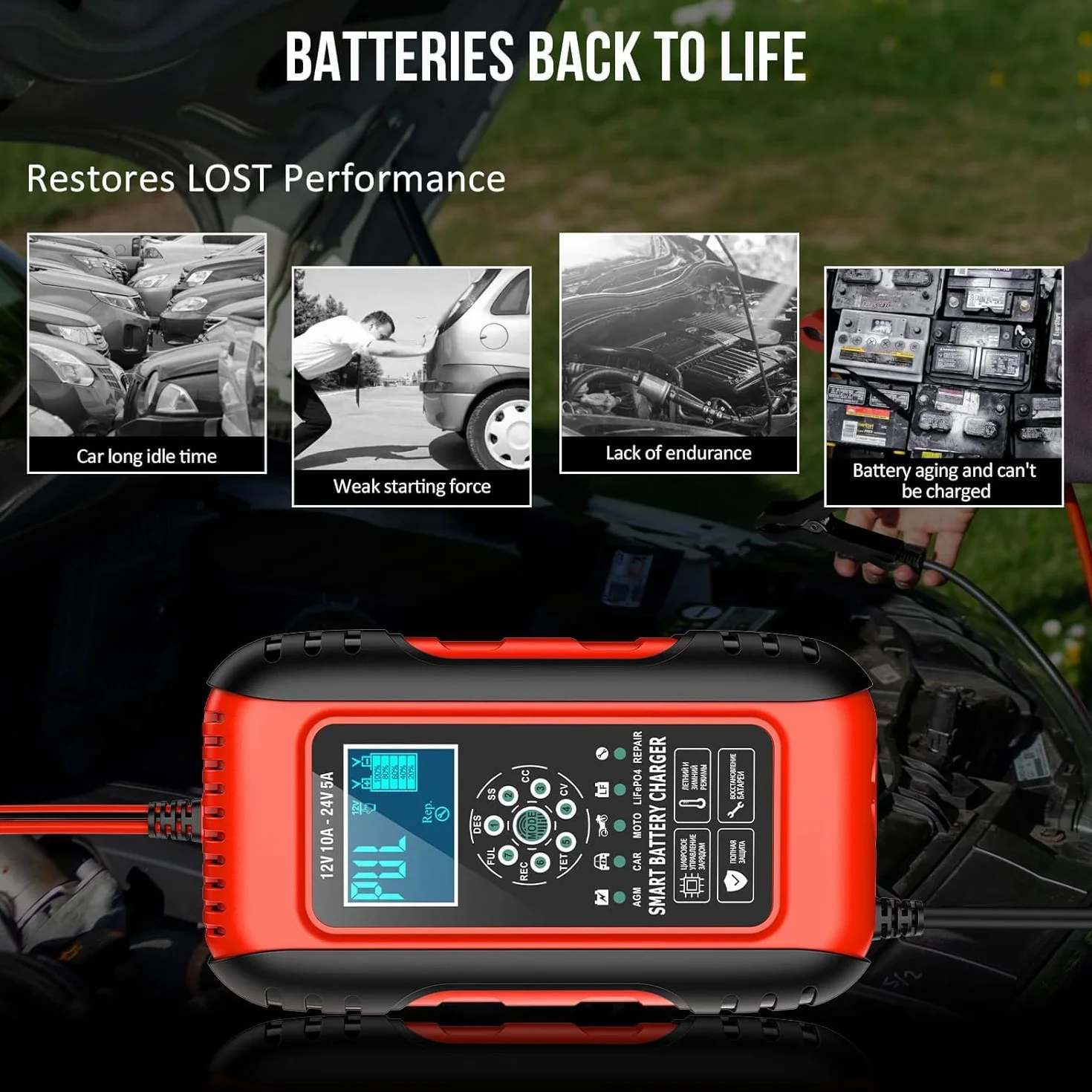 Ładowarka do akumulatora samochodowego, 12 V/24 V 10 A, w pełni automatyczna, inteligentna ładowarka podtrzymująca, ekran LCD, w pełni automatyczna ładowarka do samochodu, motocykla, kosiarki lub łodzi (czerwona)’