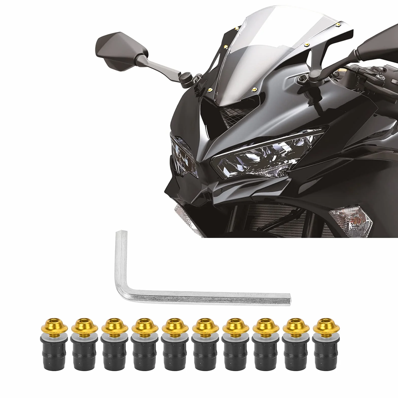 Les-Theresa 10 sztuk Motocykl M5x16mm/0.6 cal Szyby Śruby Śruby Uniwersalny Zestaw z kluczem(Złoty)