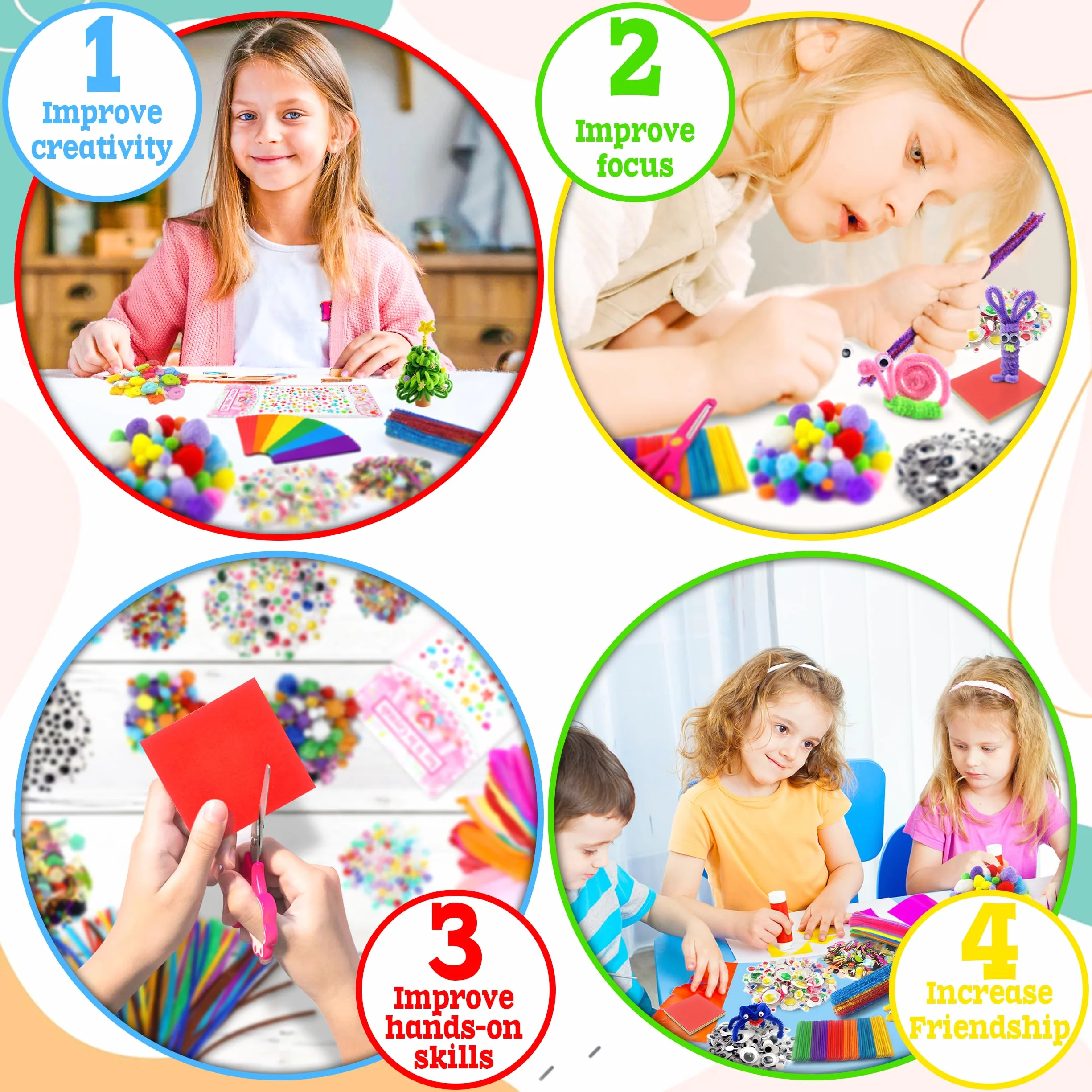 LINAYE Zestaw 3000 Sztuk do Majsterkowania dla Dzieci, Walizka z Pomponami, Środkiem do Czyszczenia Fajek, Scrapbooking, dla Dzieci 4-10 Lat