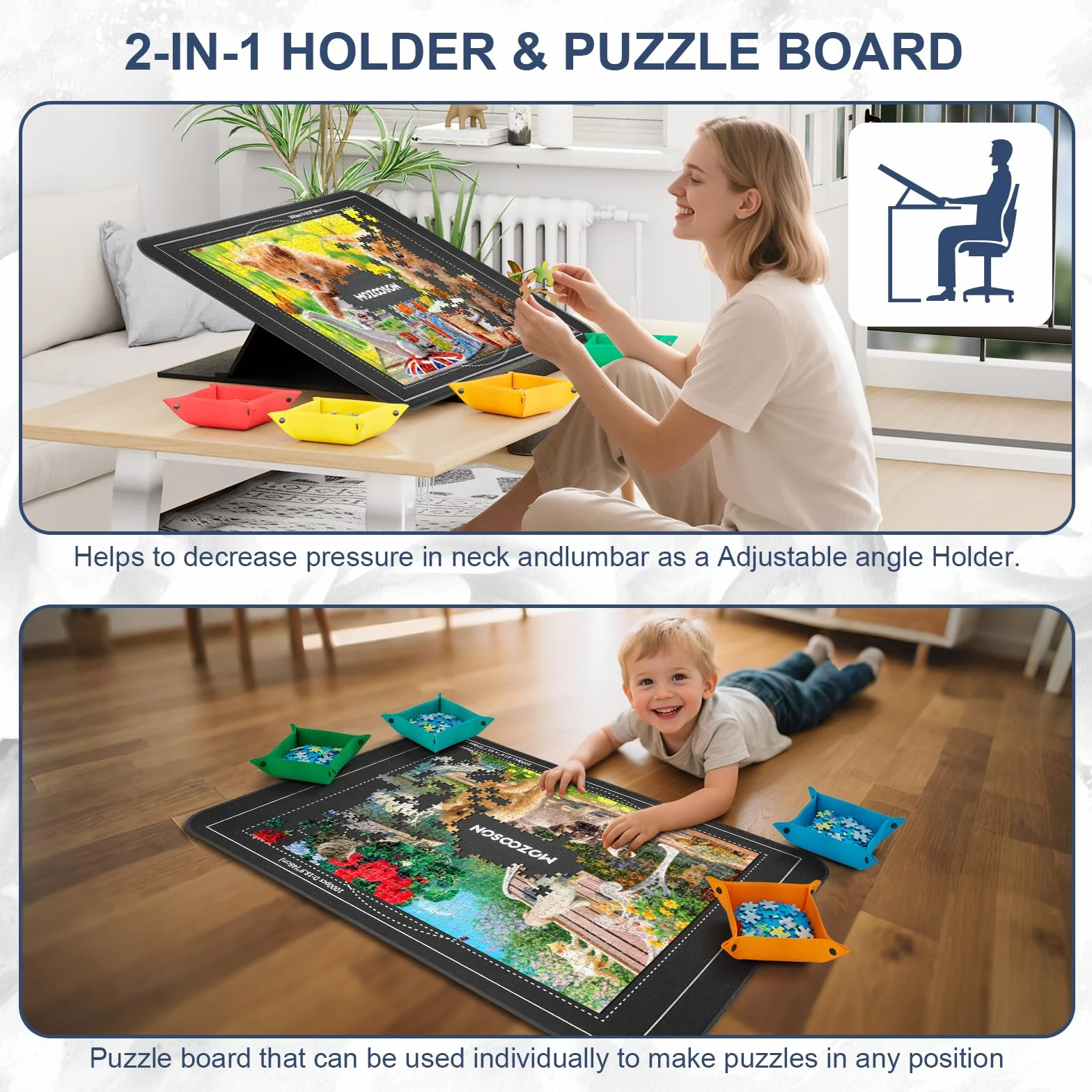 MOZOOSON Deska do puzzli z regulowanym kątem, na maksymalnie 1000 elementów, antypoślizgowa, lekka, przenośna tablica z filcową sztalugą (z 6 sorterami i osłonami)
