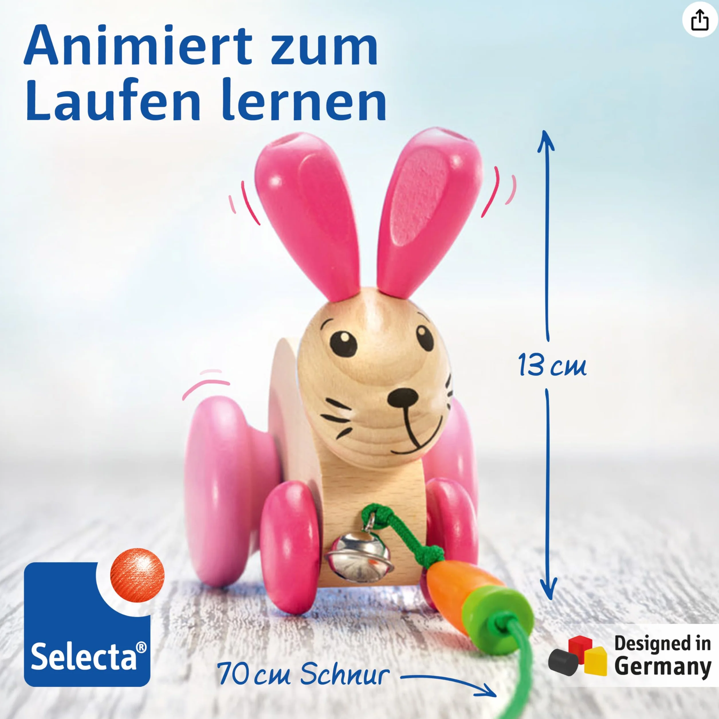 Selecta 62023 Królik Hanna Hoppel, drewniana zabawka do ciągnięcia, 13 cm