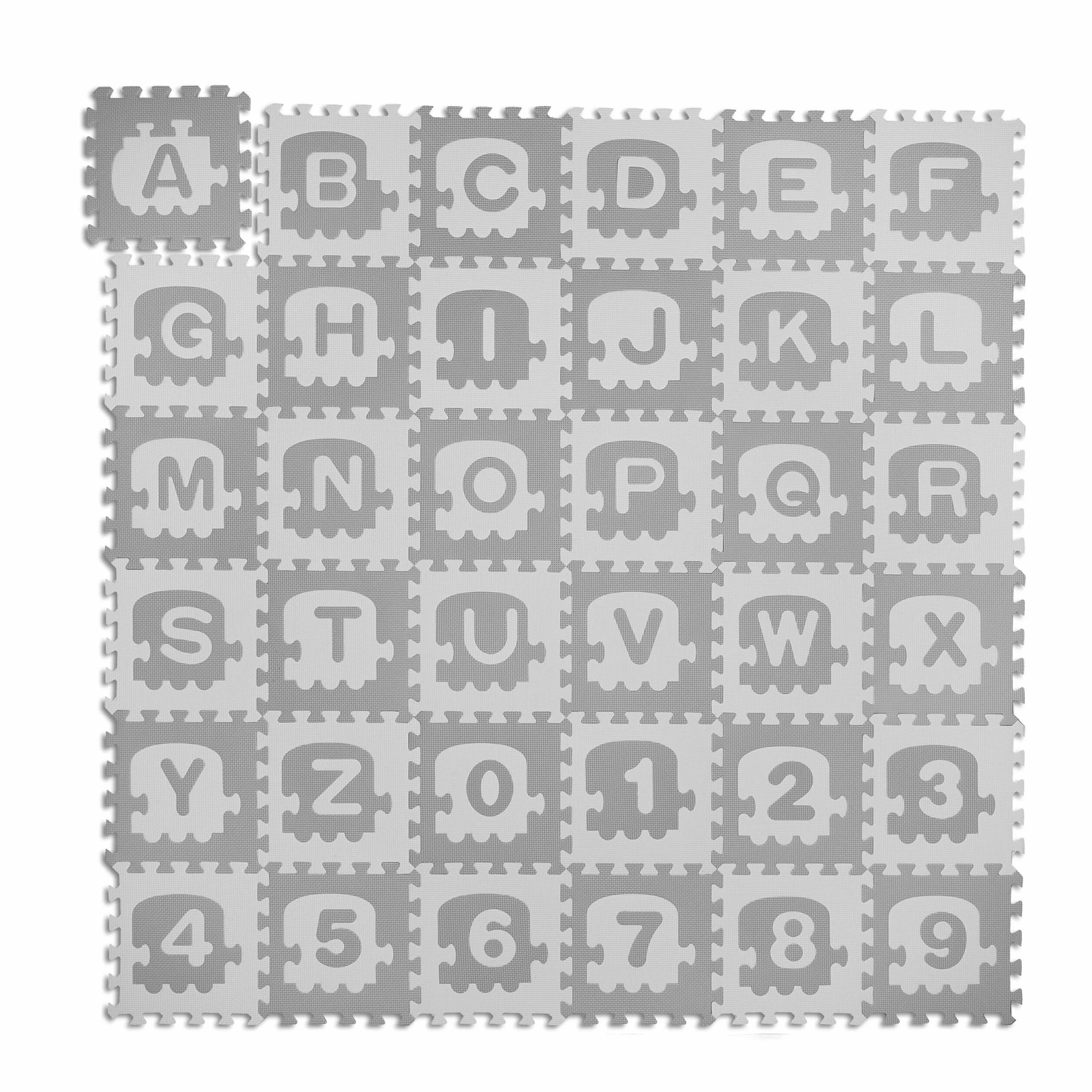 Relaxdays 10048616 mata puzzli ABC i liczb, 71 elementów, mata do zabawy dla dzieci, 179,5 x 179,5 cm, nieszkodliwa dla zdrowia, piankowa, biała/szara