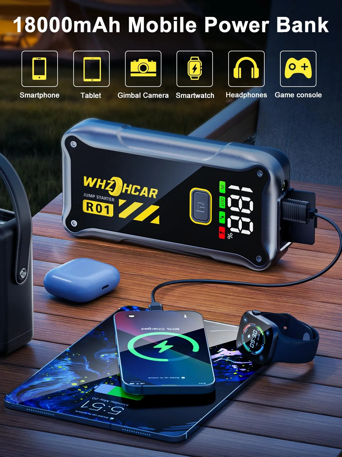 Powerbank rozruchowy 4000 A, przenośny, 12 V (do 9,0 l benzyny lub oleju napędowego 7,5 l) wyświetlacz LCD LED, urządzenie ułatwiające rozruch, akumulator samochodowy, do SUV-ów, motocykli, kosiarek