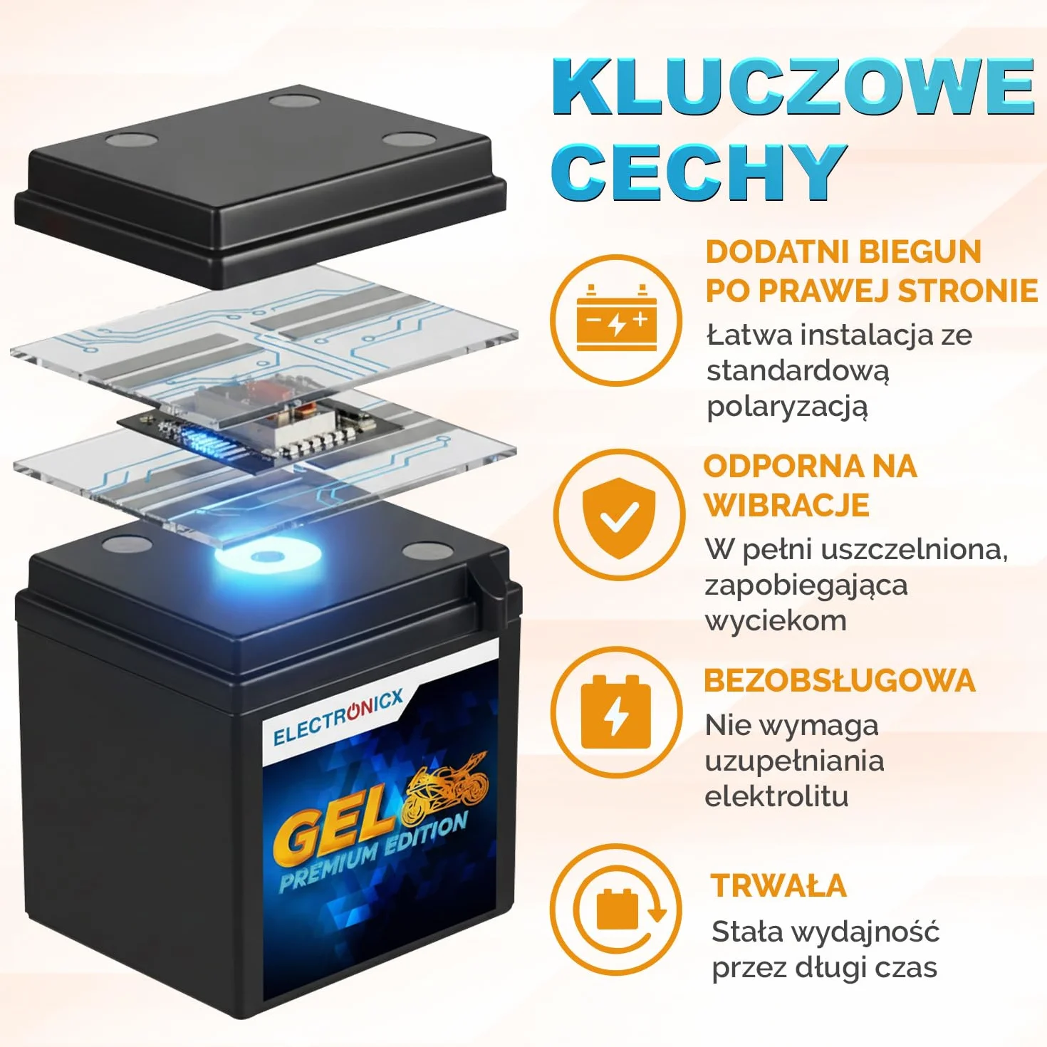 Electronicx GEL Żelowa bateria zapasowa – 17 Ah 12 V YB16AL-A2akumulator motocyklowy 12V 17Ah 205A – bezobsługowy, solidny- wysoka moc rozruchowa do motocykli, skuterów, quadów ATV – 206×70×162 mm