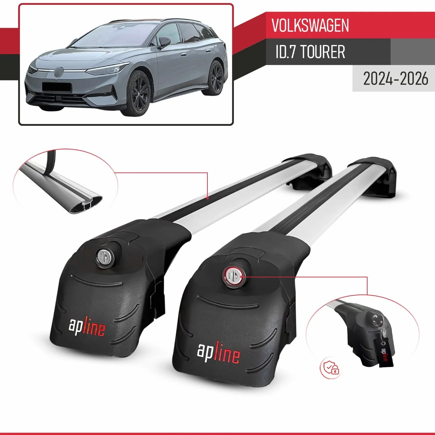 Kompatybilny z Compatible with Volkswagen ID.7 Tourer 2024-2026 ACE-2 Model Aluminiowy bagażnik dachowy 2 poprzeczki, szary
