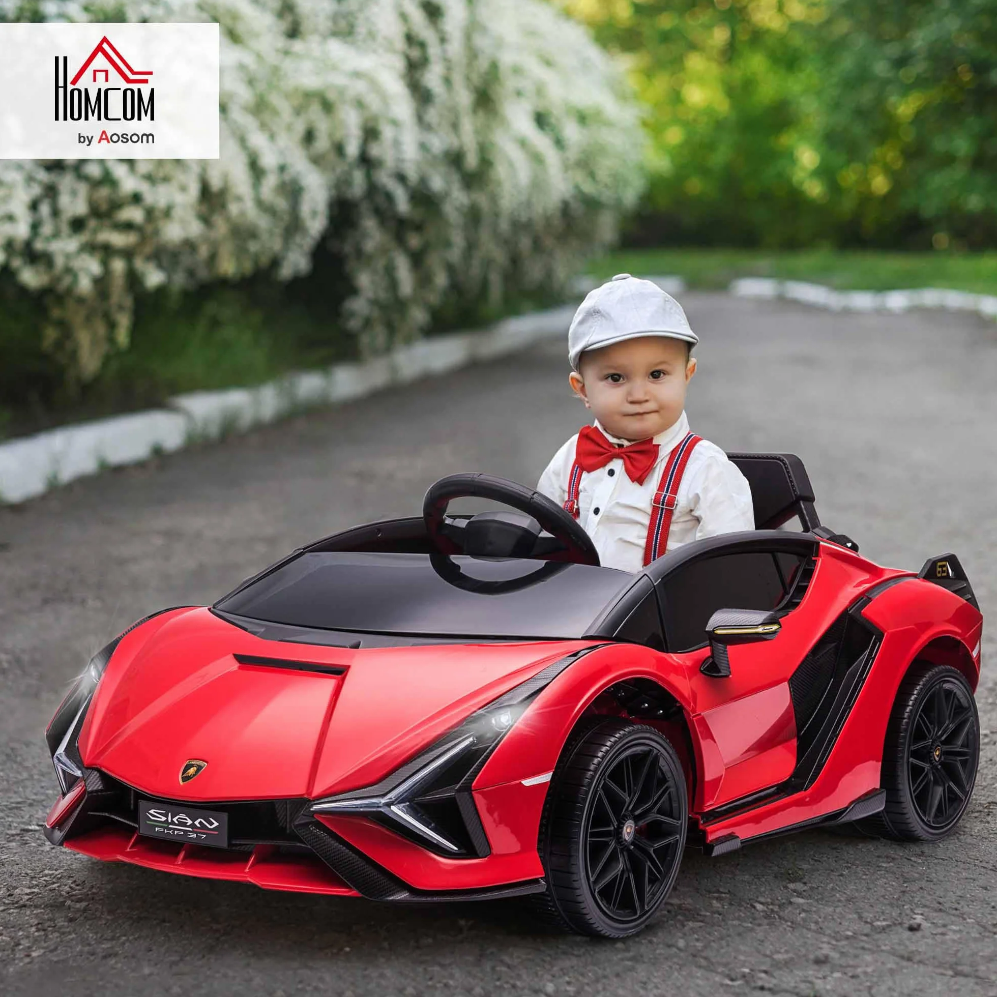 Samochód dziecięcy HOMCOM 2 tryby jazdy Lamborghini SIAN SUV autko zabawka samochód elektryczny z pilotem bardzo szerokie opony muzyka (MP3/USB) oświetlenie 3–5 lat PP metal czerwony 108 x 62 x 40 cm
