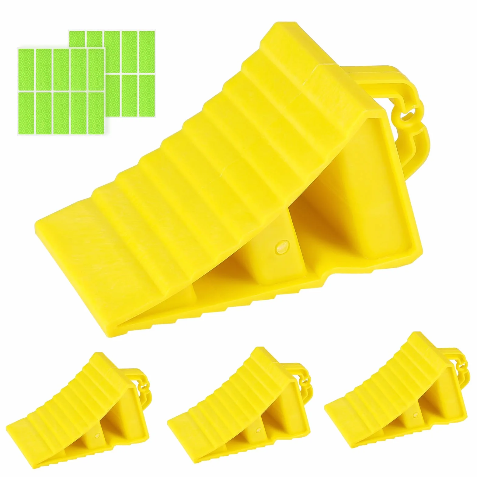SWAWIS 4 sztuki podkładek z tworzywa sztucznego PE 190x107x107mm, z uchwytem i 20 odblaskowymi naklejkami, kołaki hamulcowe do przyczep kempingowych, samochodów kempingowych, przyczep kempingowych