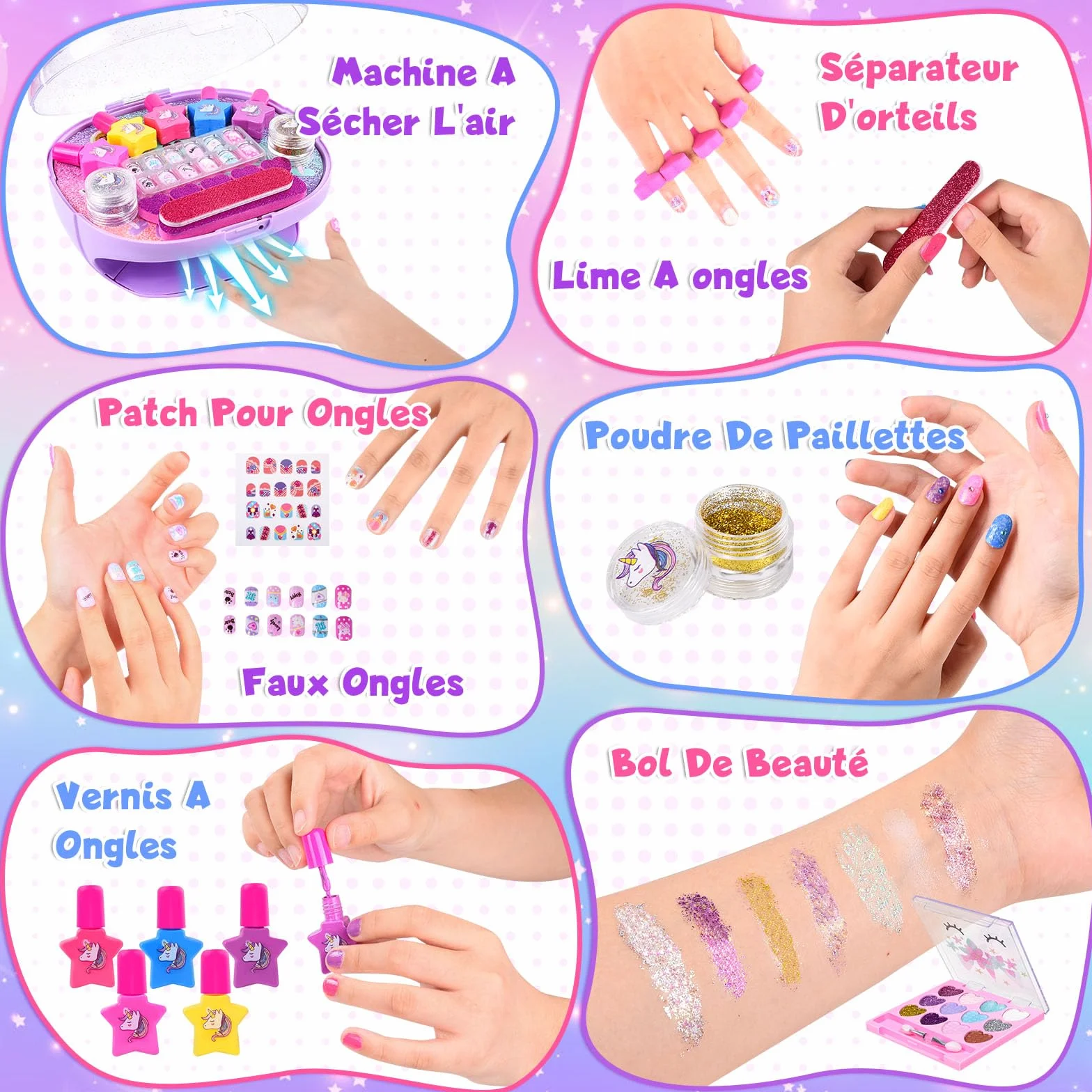 Herenear Zestaw do Manicure i Makijażu dla Dziewczynek z Suszarką do Paznokci, Lakierami, Naklejkami - Zabawkowy Prezent na Boże Narodzenie