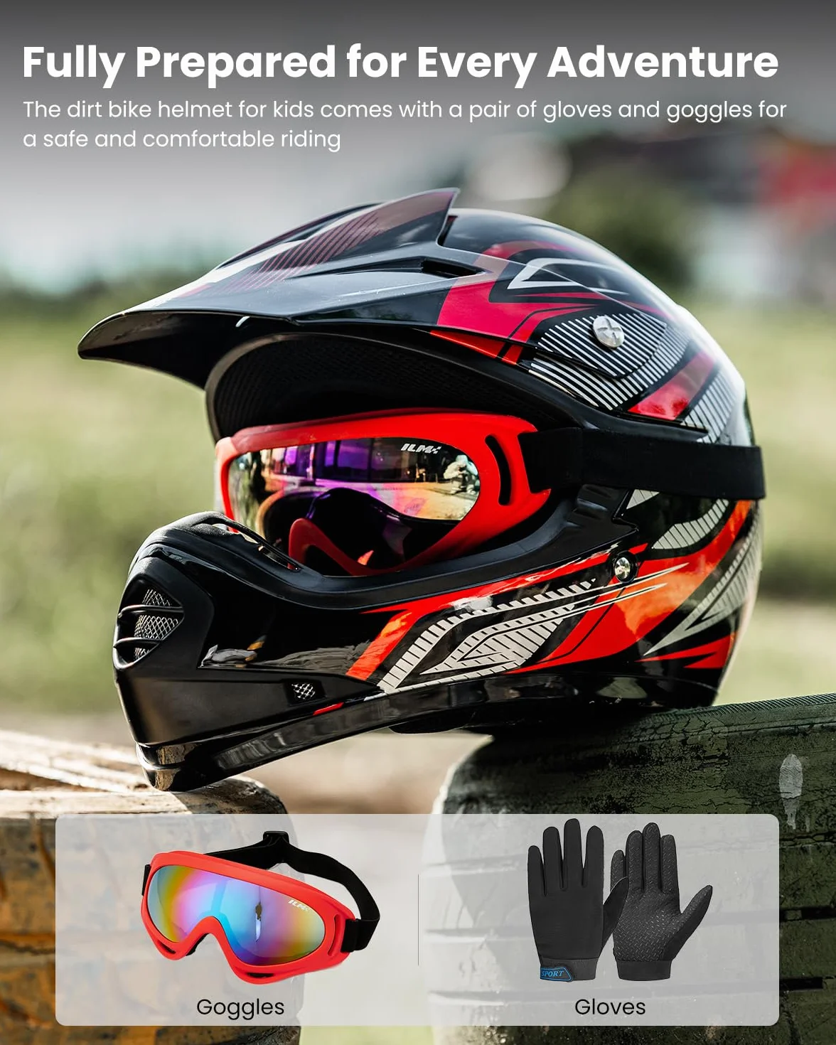 ILM Youth Kids ATV Motocross Helmet Goggles Sports Gloves Dirt Bike Motorcycle Off Road DOT Approved B07 (Youth-L, Red/Silver)
