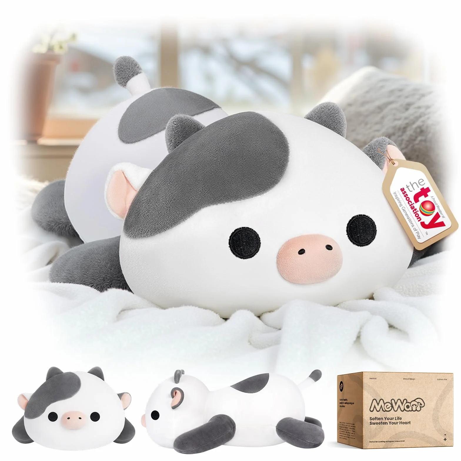 Mewaii Słodka pluszowa poduszka w kształcie krowy, pluszowe zwierzątka Kawaii, biała krowa pluszaki, pluszowa poduszka dla dzieci i dziewczynek (33 cm)