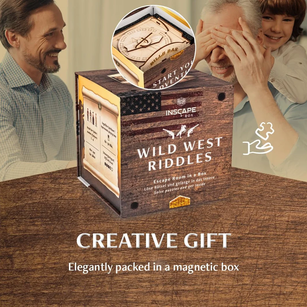 INSCAPE Wild West Riddles drewniane pudełko z puzzlami - puzzle - Escape Room gra dla dorosłych i dzieci - gry logiczne dla dorosłych - drewniane puzzle 3D - Cluebox - gry myślące