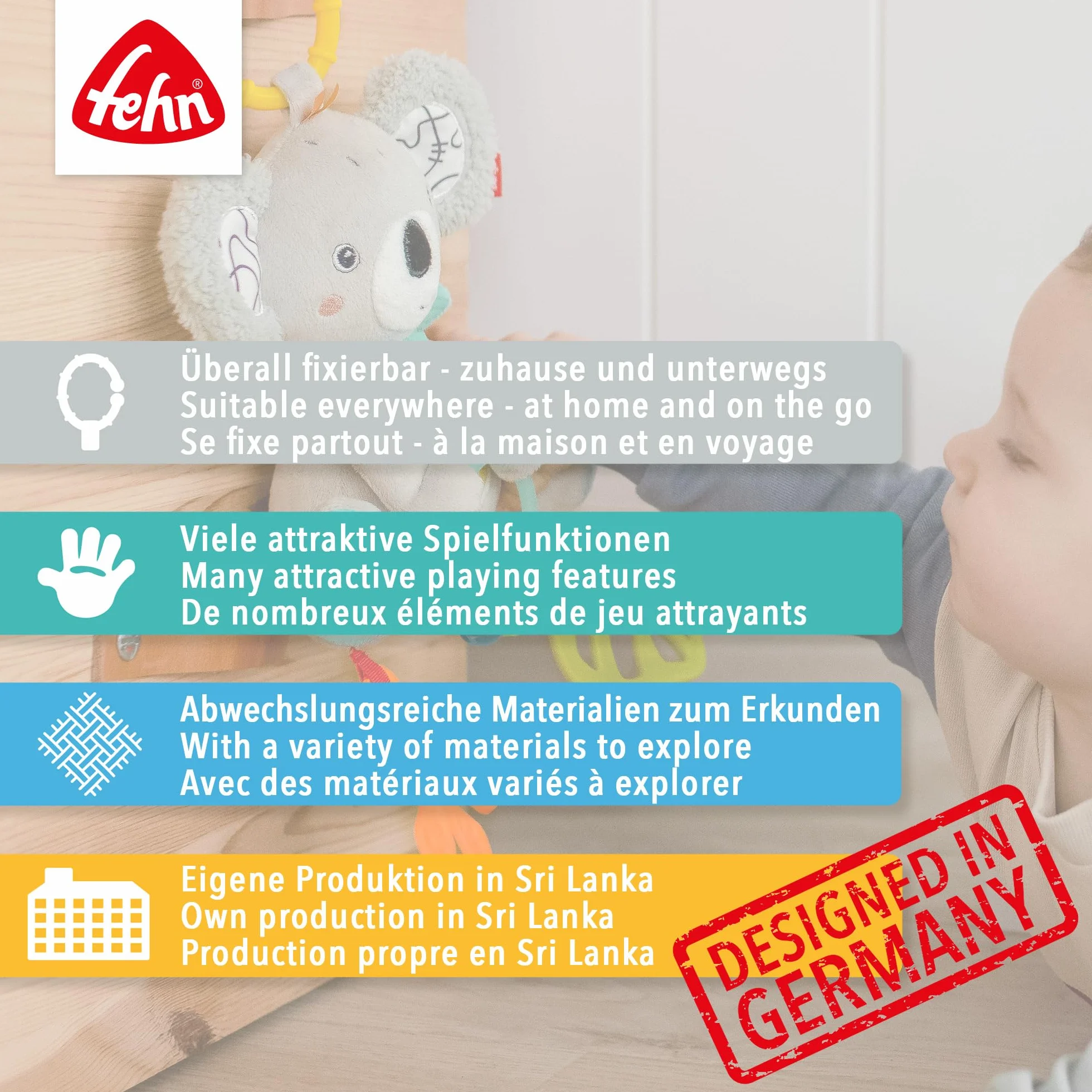 Fehn Hummer spirala Activity – spirala materiałowa z funkcjami uczenia się do chwytania, odczuwania, zabawy – wspomaga chwytanie, zmysł dotyku i motorykę – do domu i w podróży, dla niemowląt od