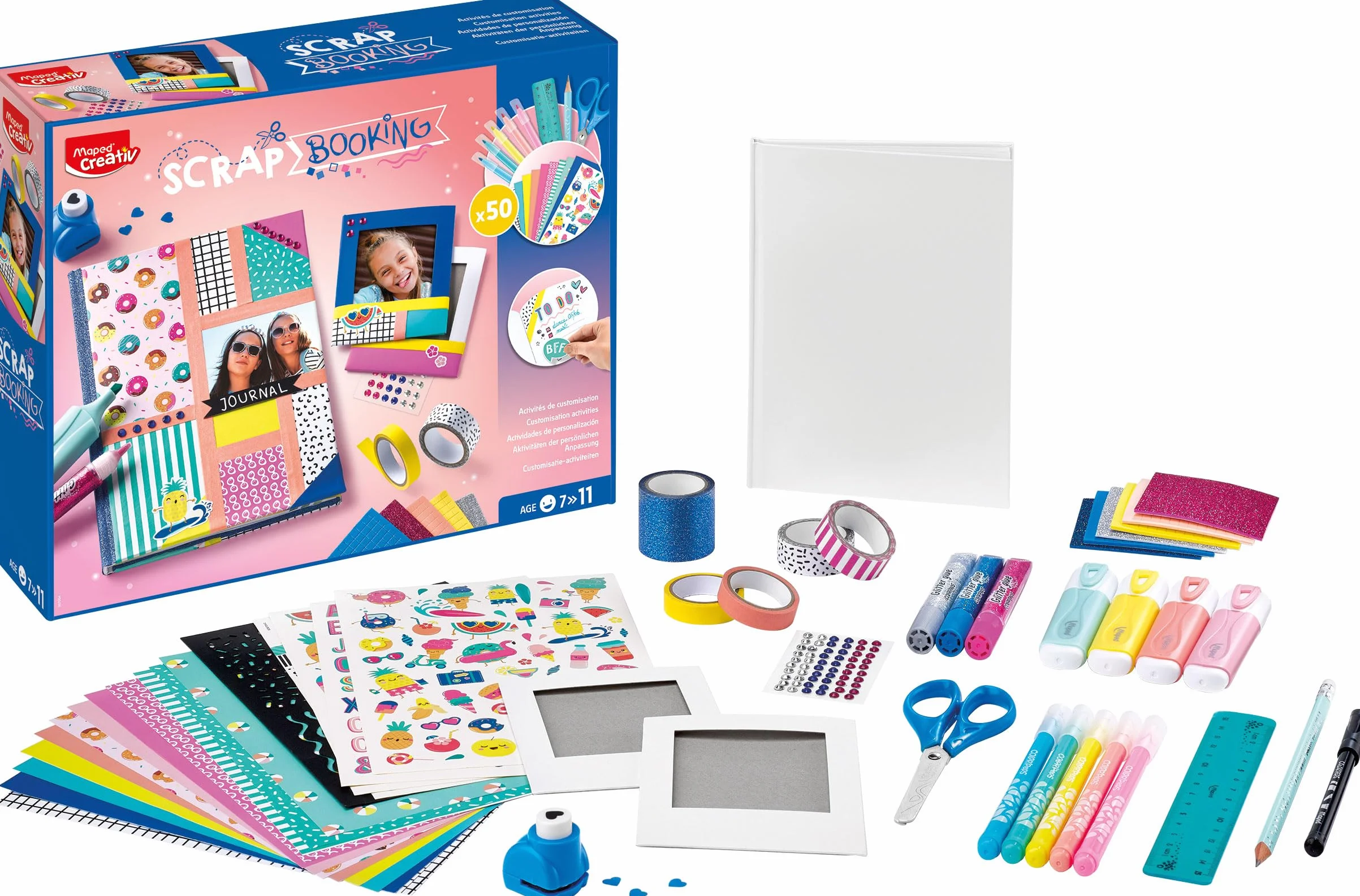 Maped Creativ - Scrapbooking - Kompletny zestaw aktywności, z ponad 50 akcesoriami i materiałami Maped, w tym 1 notatnikiem i 2 polaroidowymi ramkami do zdjęć do dekoracji - od 7 lat