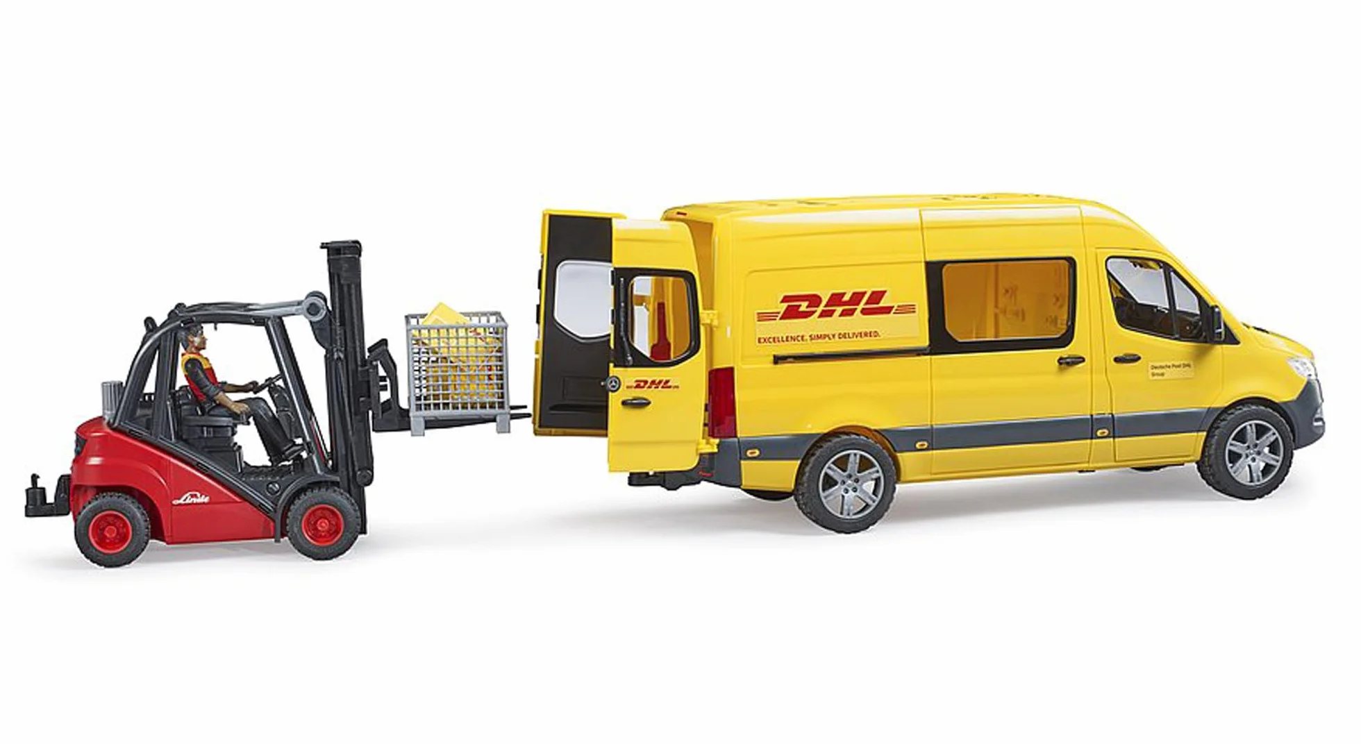 bruder 02671 - MB Sprinter DHL z kierowcą, w tym paleta skrzyniowa z paczkami wysyłkowymi, pojazd, transporter