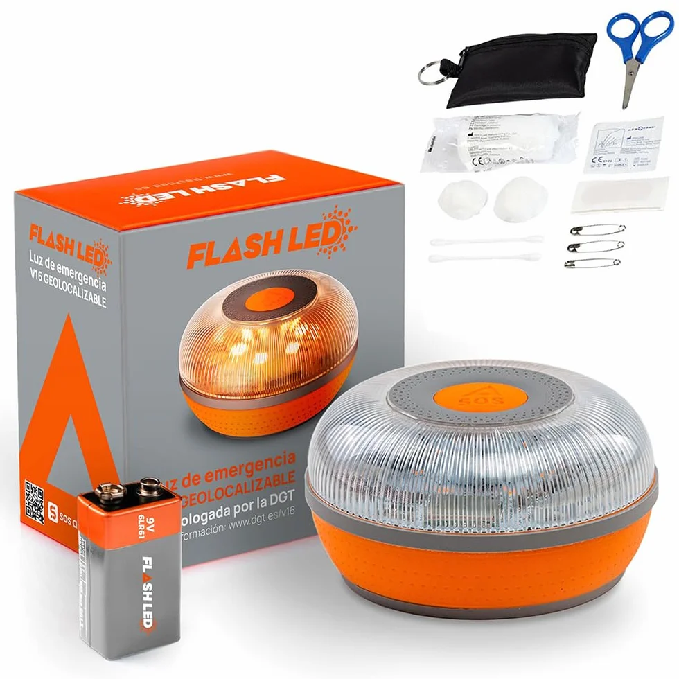 FLASH LED SOS Lampka awaryjna V16 Homologowane DGT 3.0 IP54 Podstawa magnetyczna + zestaw mini pierwszej pomocy