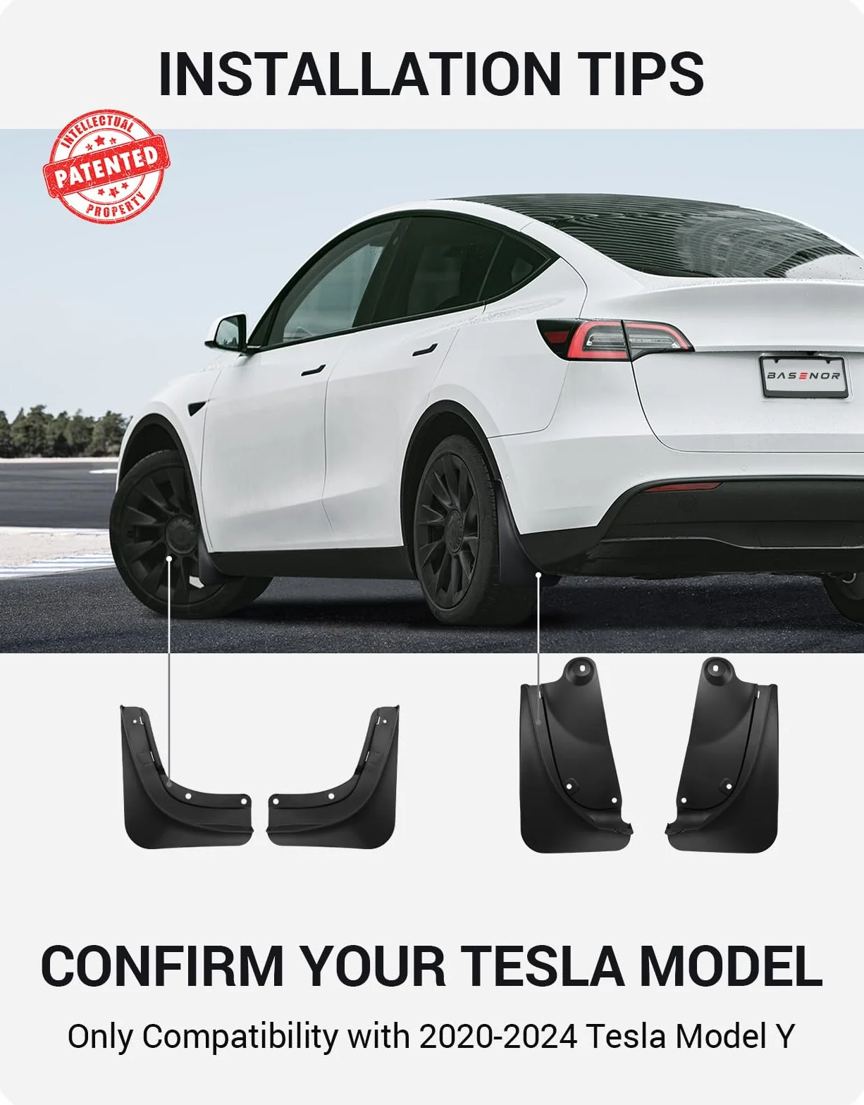 BASENOR 2020-2024 Tesla Model Y Chlapacze Osłony przeciwbłotne Zimowa ochrona pojazdu Nie ma potrzeby wiercenia otworów Chlapacze Akcesoria zewnętrzne Tesla na każdą pogodę (zestaw 4 sztuk)