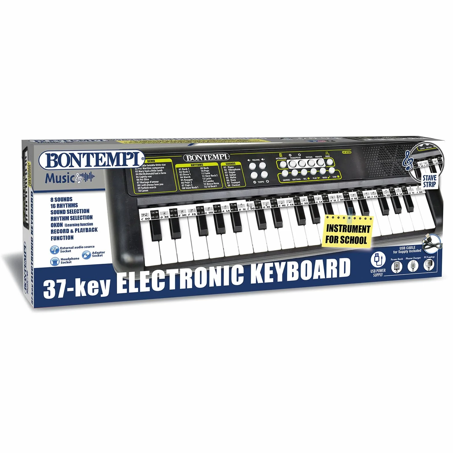 Bontempi | KeyRhythm - Cyfrowa klawiatura 37-klawiszowa, rozstaw 1,5 cm z gniazdem słuchawkowym, pięciolinia, metronom i transpozycja, 42,4x15,2x4,7 cm