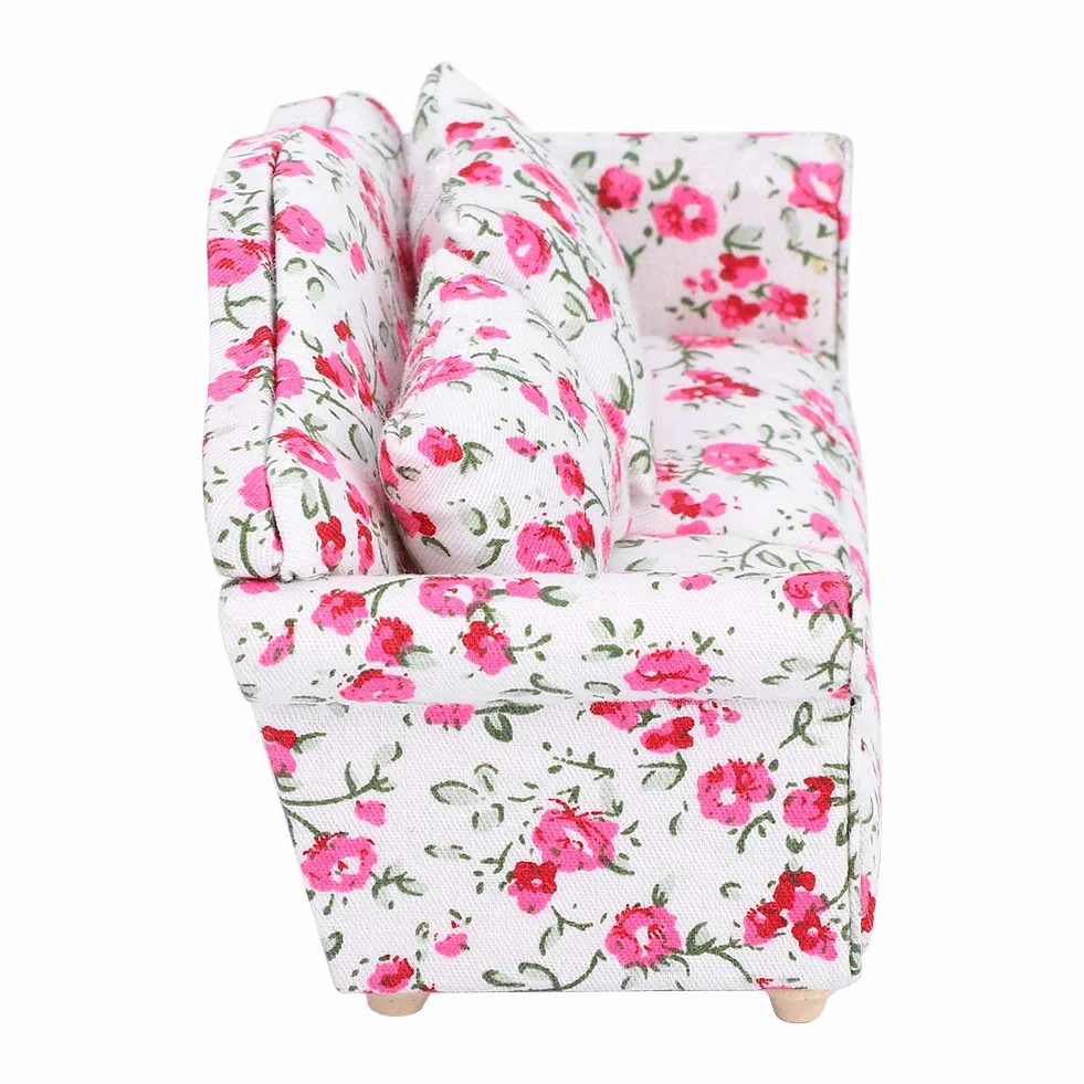 Mini Sofa Domek dla lalek, Akcesoria do dekoracji domku dla lalek Wzór kwiatowy Mini Meble Podwójna sofa dla lalki w skali 1/12 małe skupiska kwiatów