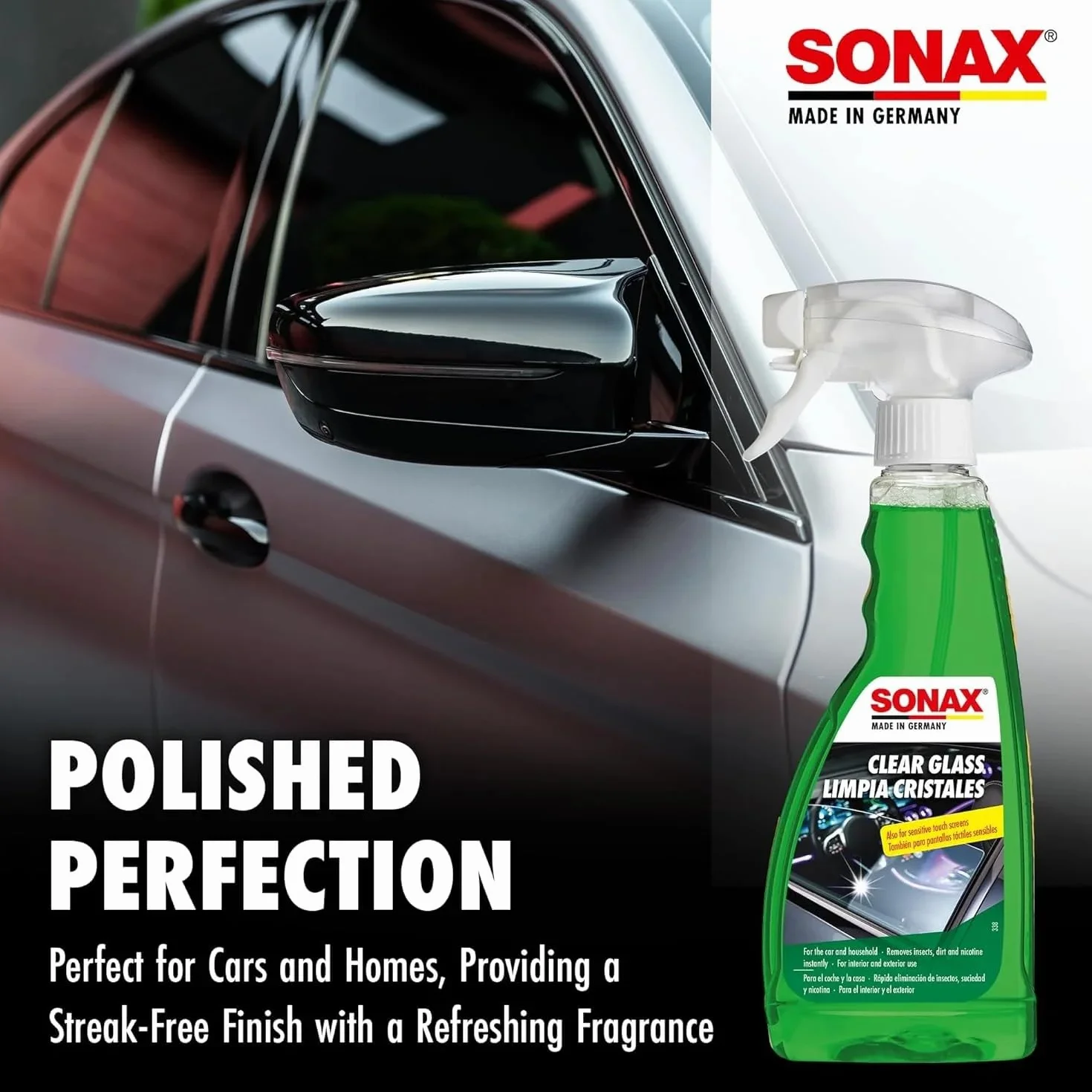SONAX Płyn do czyszczenia szyb, 500 ml, do usuwania zabrudzeń z owadów i brudu drogowego z szyb samochodowych i reflektorów, nr art. 03382410