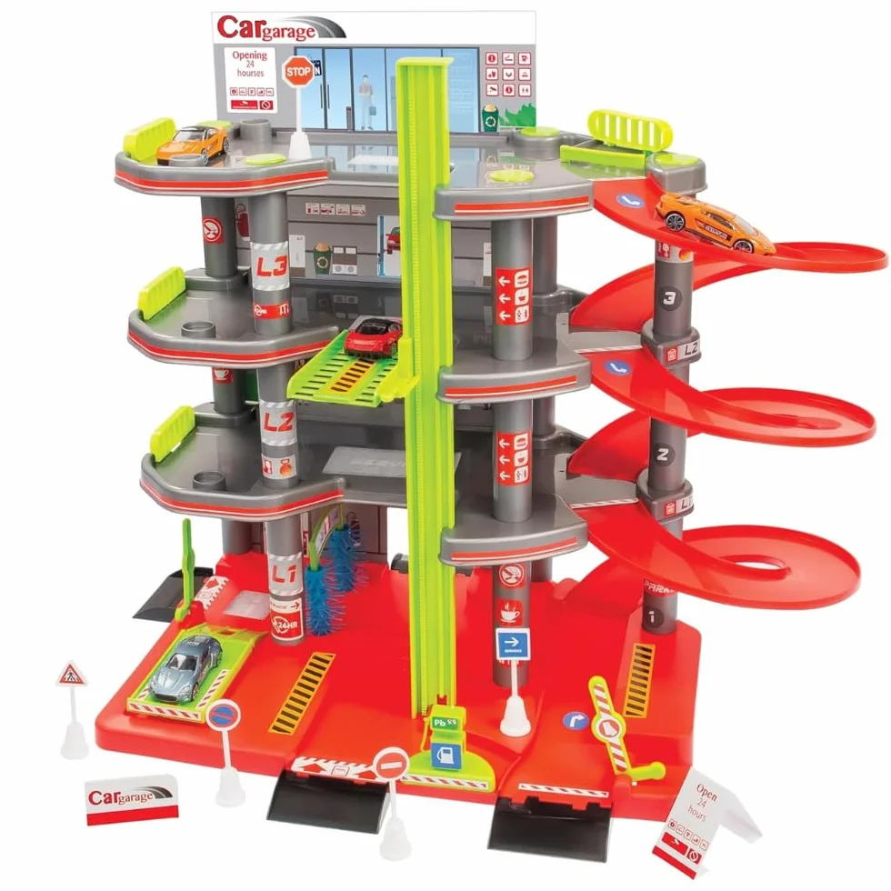 Mochtoys 4-Poziomowy Garaż z Windą, Zestaw ze Znakami Drogowymi i Autkiem, Rozwija Zdolności Manualne, Dla Dzieci Od 3 Roku Życia, Wymiary: 55x35x44 cm