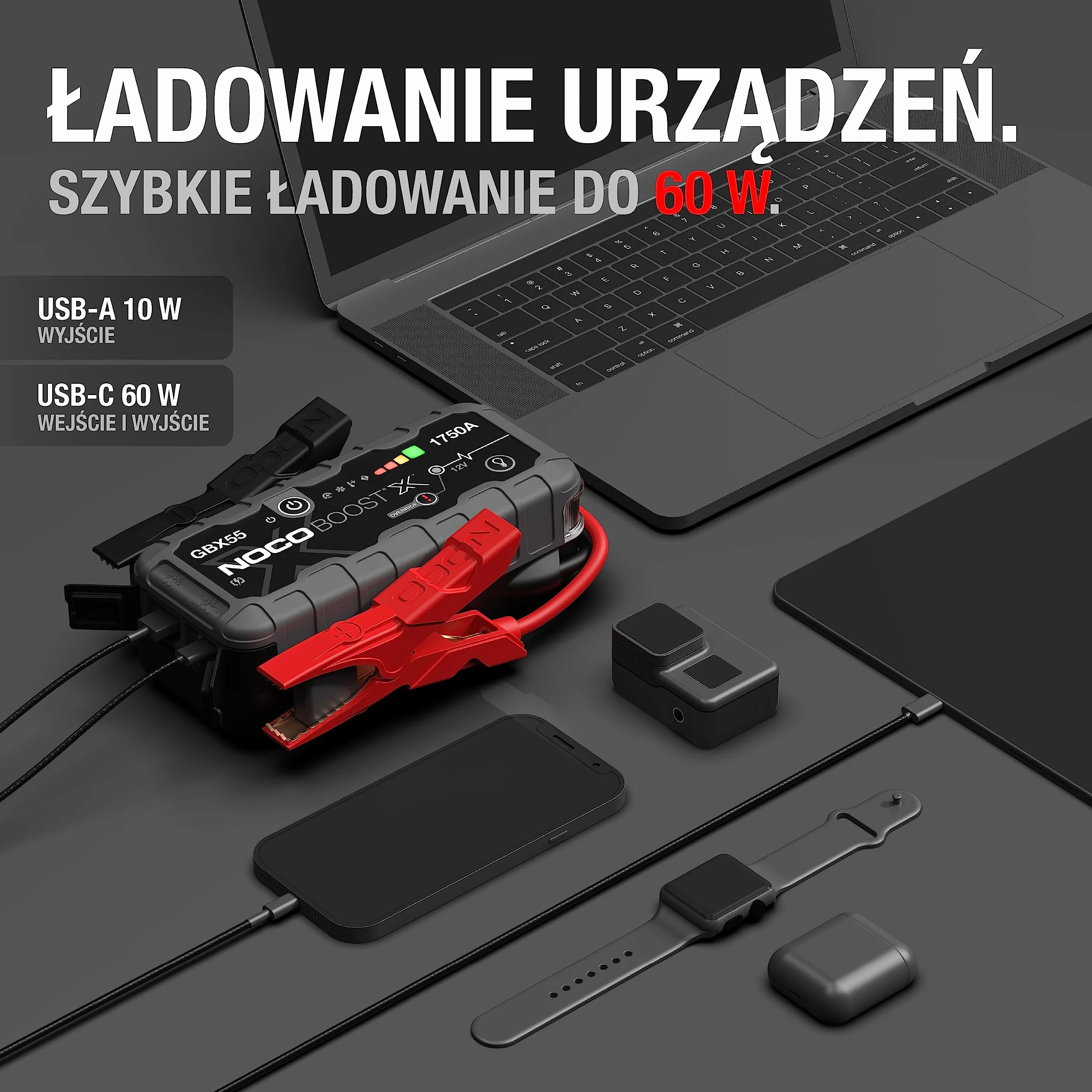 NOCO Boost X GBX55 1750A 12V UltraSafe litowy urządzenie rozruchowe, booster do akumulatora I kable rozruchowe do 7,5-litrowych silników benzynowych i 5,0-litrowych silników wysokoprężnych