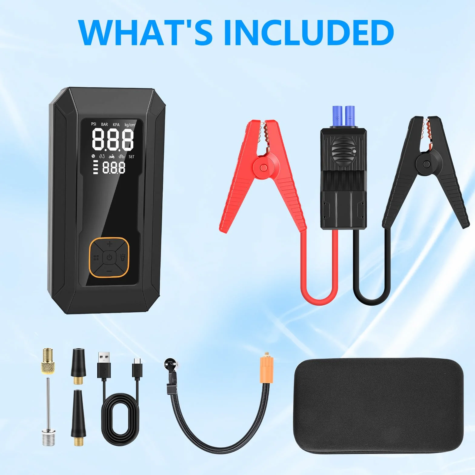 Booster akumulator ze sprężarką, rozrusznik do akumulatora samochodowego, pompka opon 150 PSI, 8000 mAH do opon samochodowych, dowolny gaz lub olej napędowy 8,0 l, ekran LCD, oświetlenie awaryjne