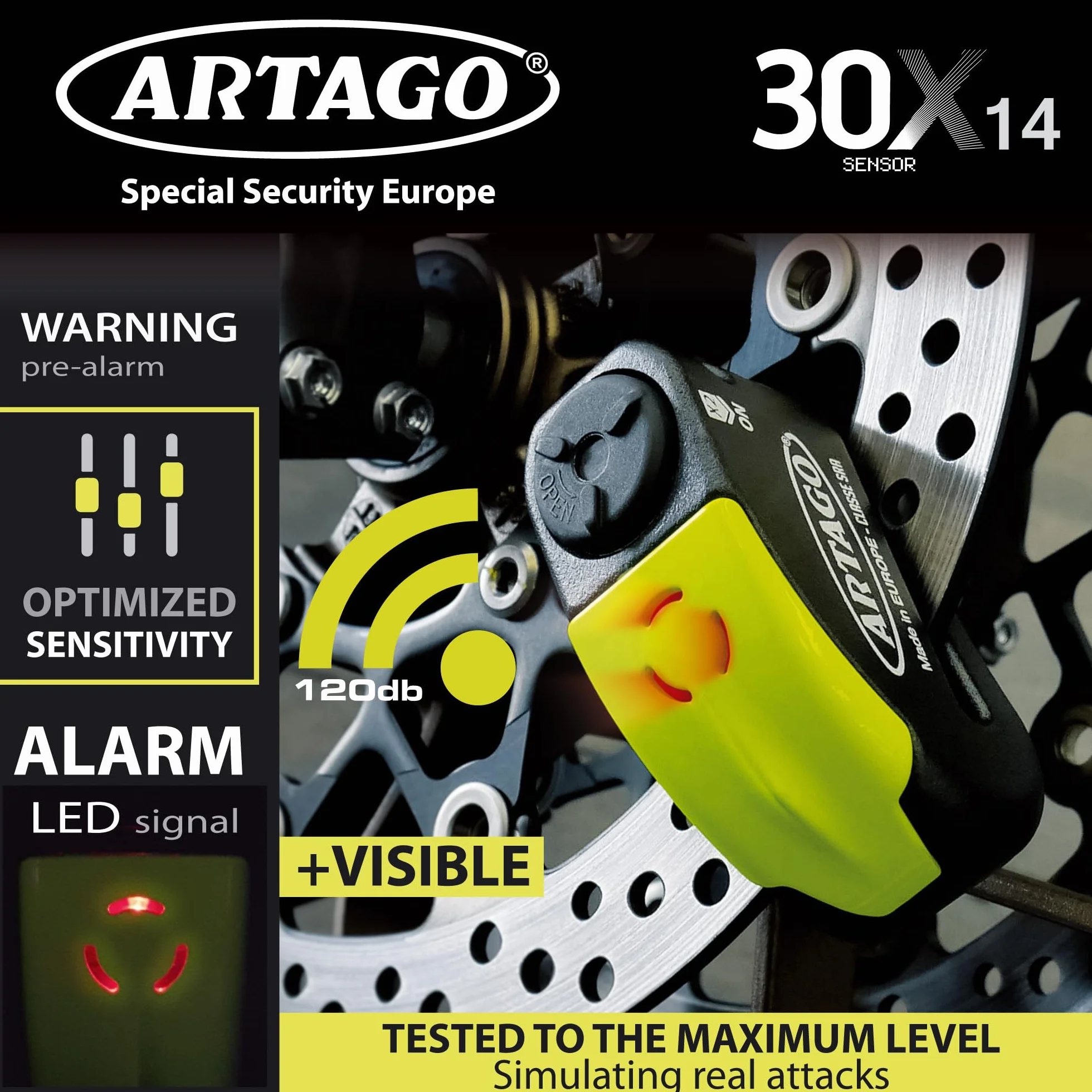 Artago 30X14 Kłódka przeciwkradzieżowa z alarmem 120 dB, podwójna blokada ø14, Secure Gold SRA