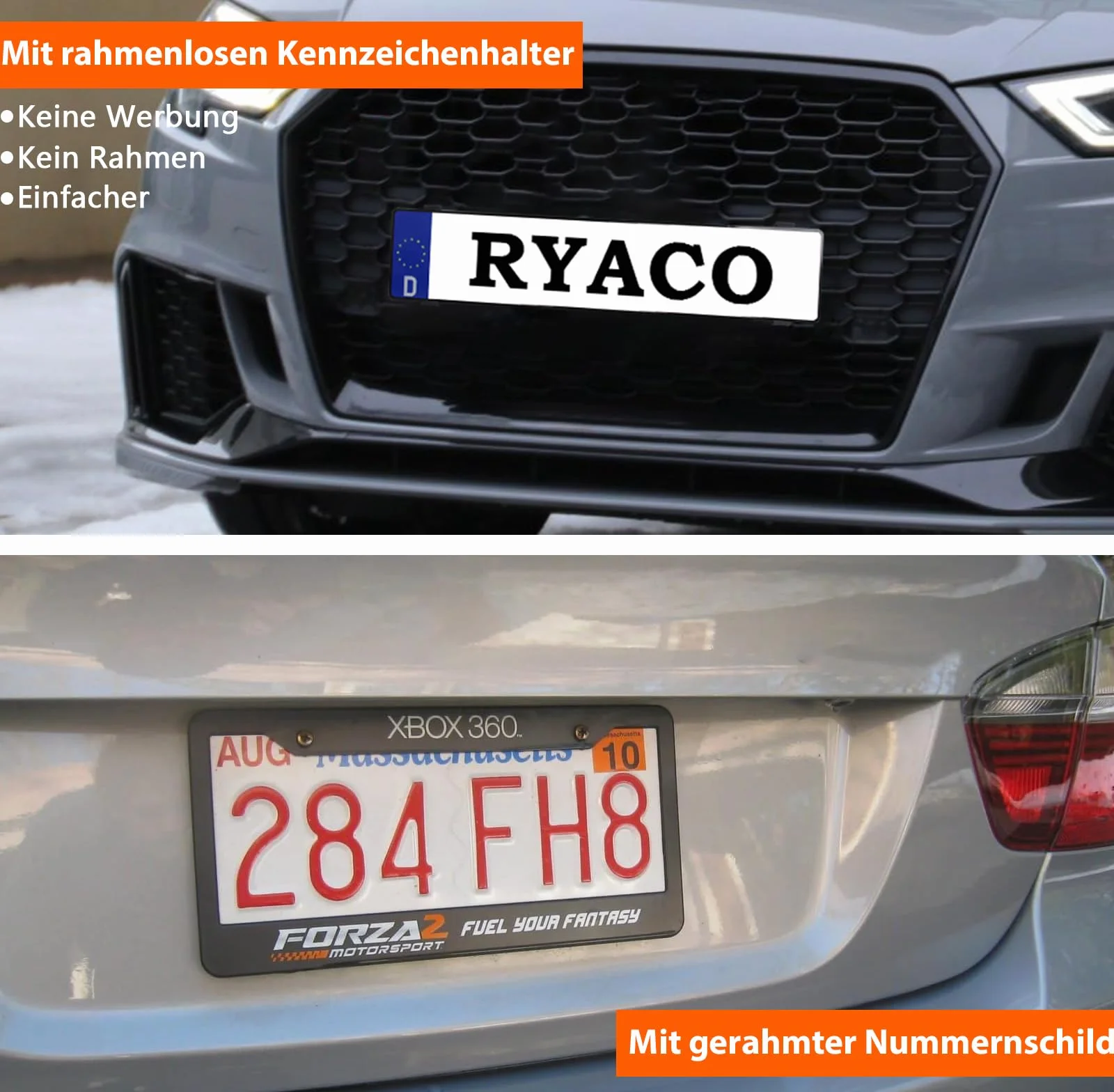 RYACO Uchwyt tablicy rejestracyjnej, bez ramy, uniwersalny uchwyt tablicy rejestracyjnej do samochodu, z klejem, niewidoczny i odporny na warunki atmosferyczne, bezramkowy klips, 4 sztuki, na 2