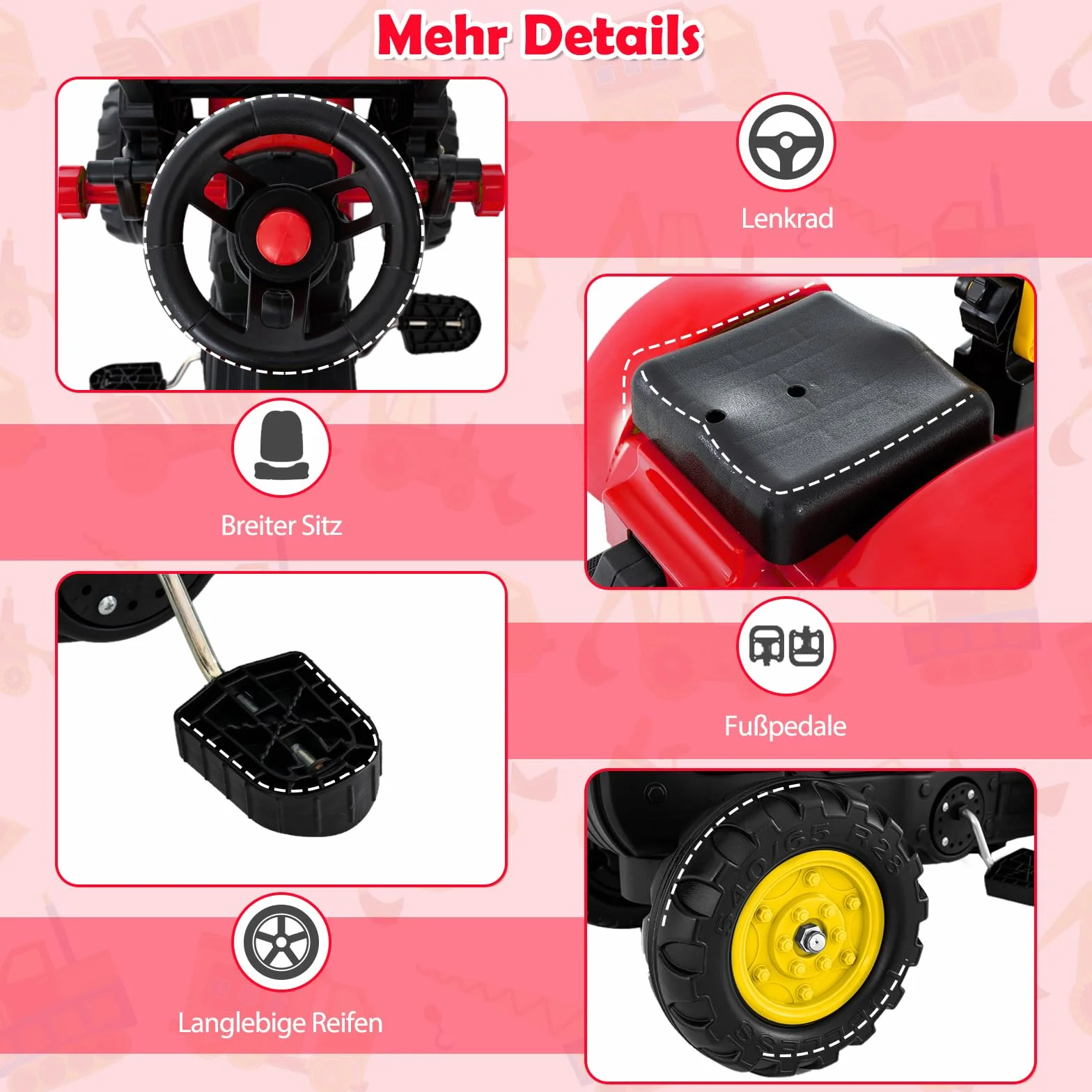 COSTWAY Traktor na pedały, ciągnik dla dzieci z odpinanym przyczepnym zbiornikiem i łopatą zabawkową, ciągnik dla dzieci do 35 kg, mini koparka dla dzieci od 3 lat (czerwony)