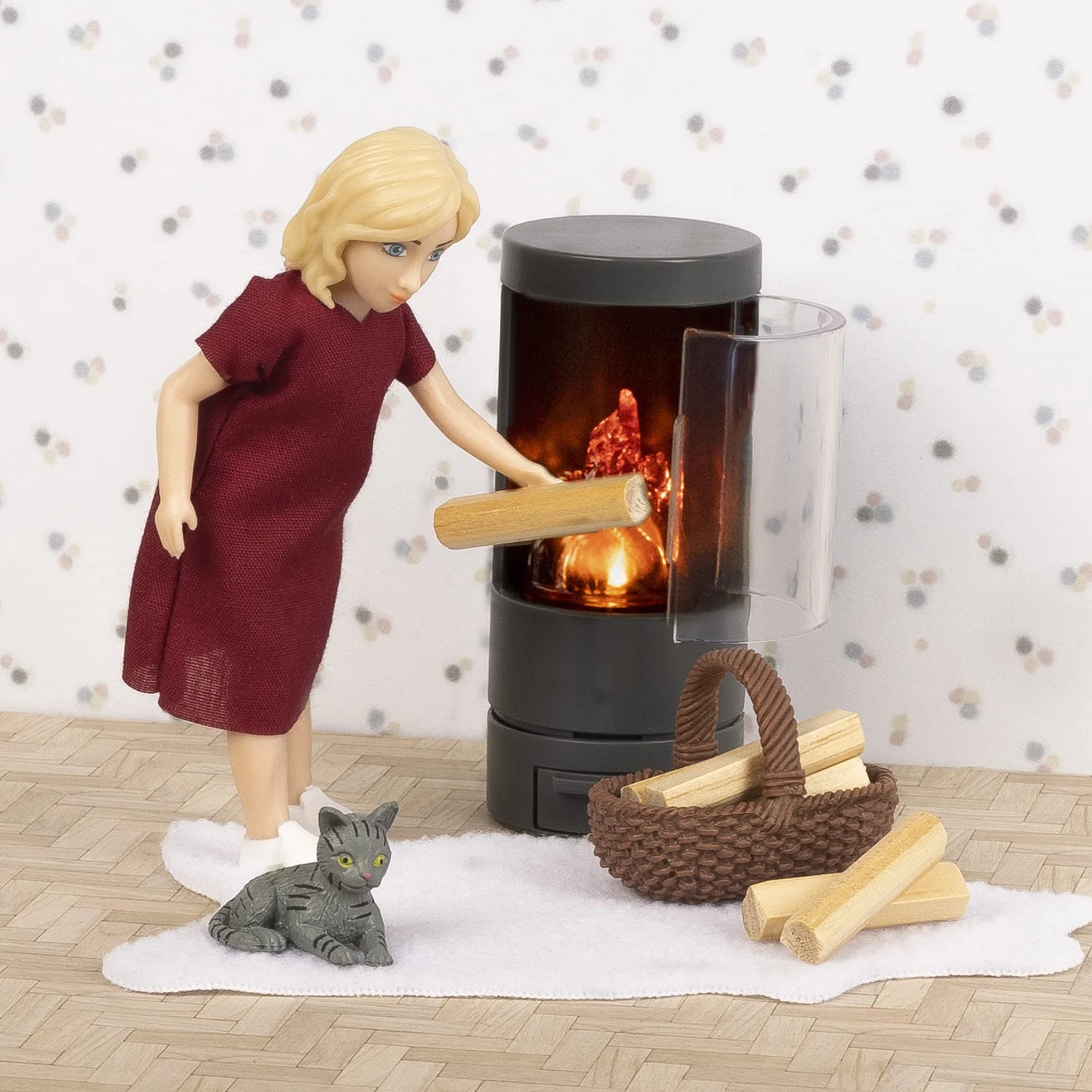 Lundby Domek dla lalek – miniaturowy kominek meble dla lalek z oświetleniem LED – zestaw mebli do domku dla lalek – do salonu – akcesoria – lalki 11 cm 1:18