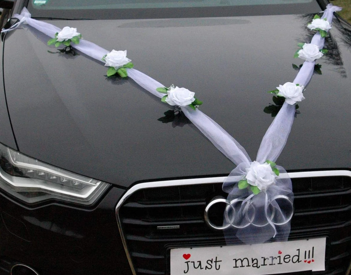 ORGANZA M Ozdoba samochodowa dla pary młodej, róża dekoracyjna, organza, M, na wesele, do samochodu, girlanda dekoracyjna do samochodów osobowych (biały/biały)