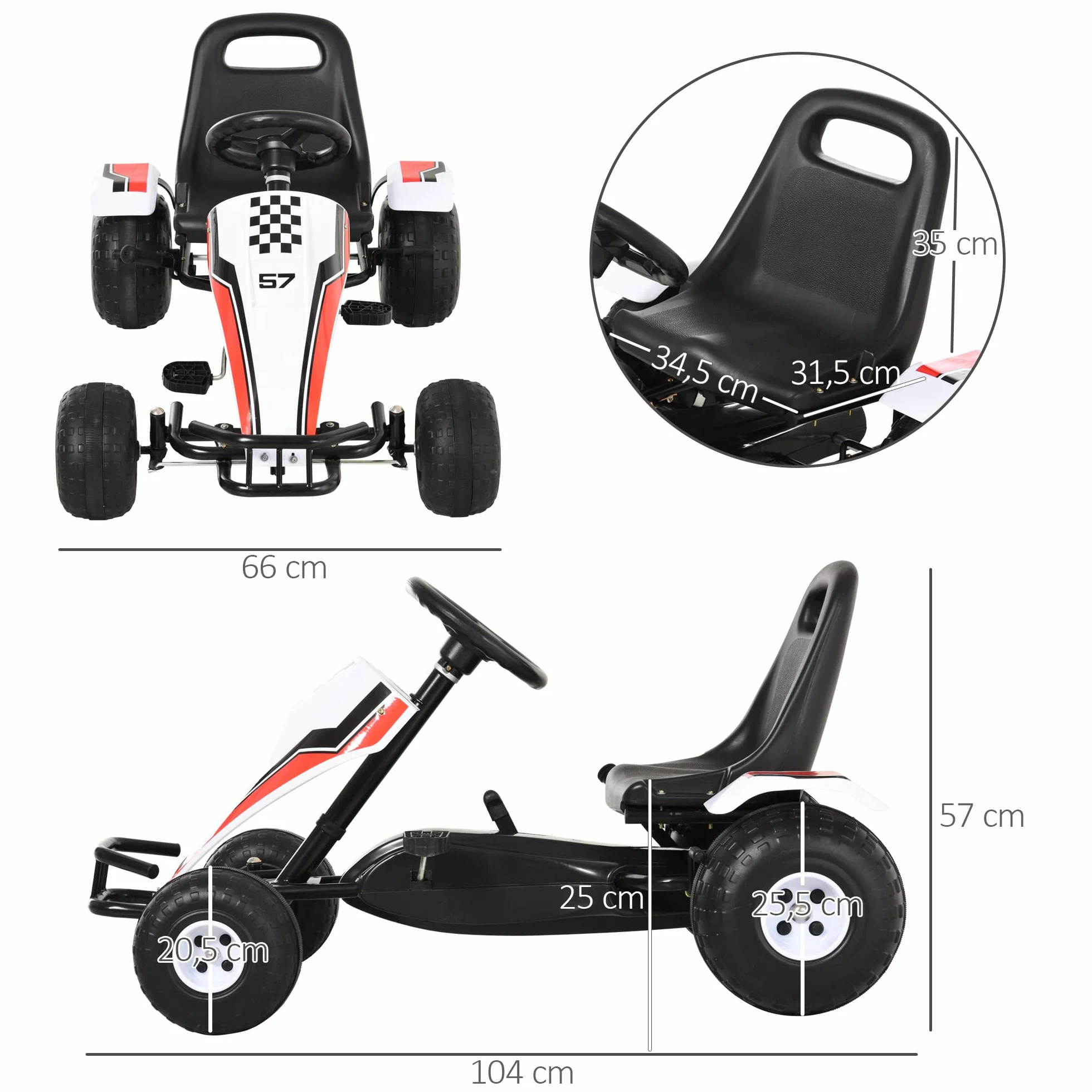 Gokart HOMCOM samochód dziecięcy na pedały z pedałem hamulca zabawka dla dzieci 3–8 lat stal kolor biały 104 x 66 x 57 cm