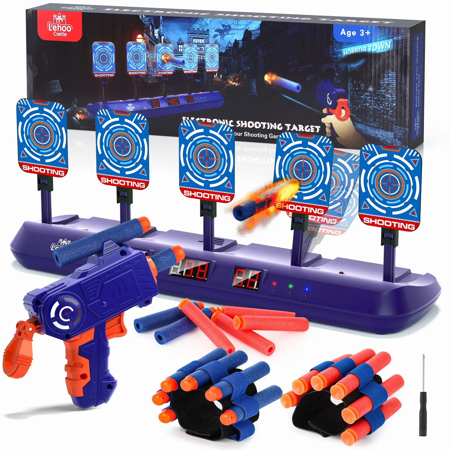 Lehoo Castle Nerf tarcza celownicza, elektryczna tarcza celownicza z pistoletem zabawkowym, automatyczne resetowanie tarcz, rzutki piankowe, światło i dźwięk, prezent dla chłopców